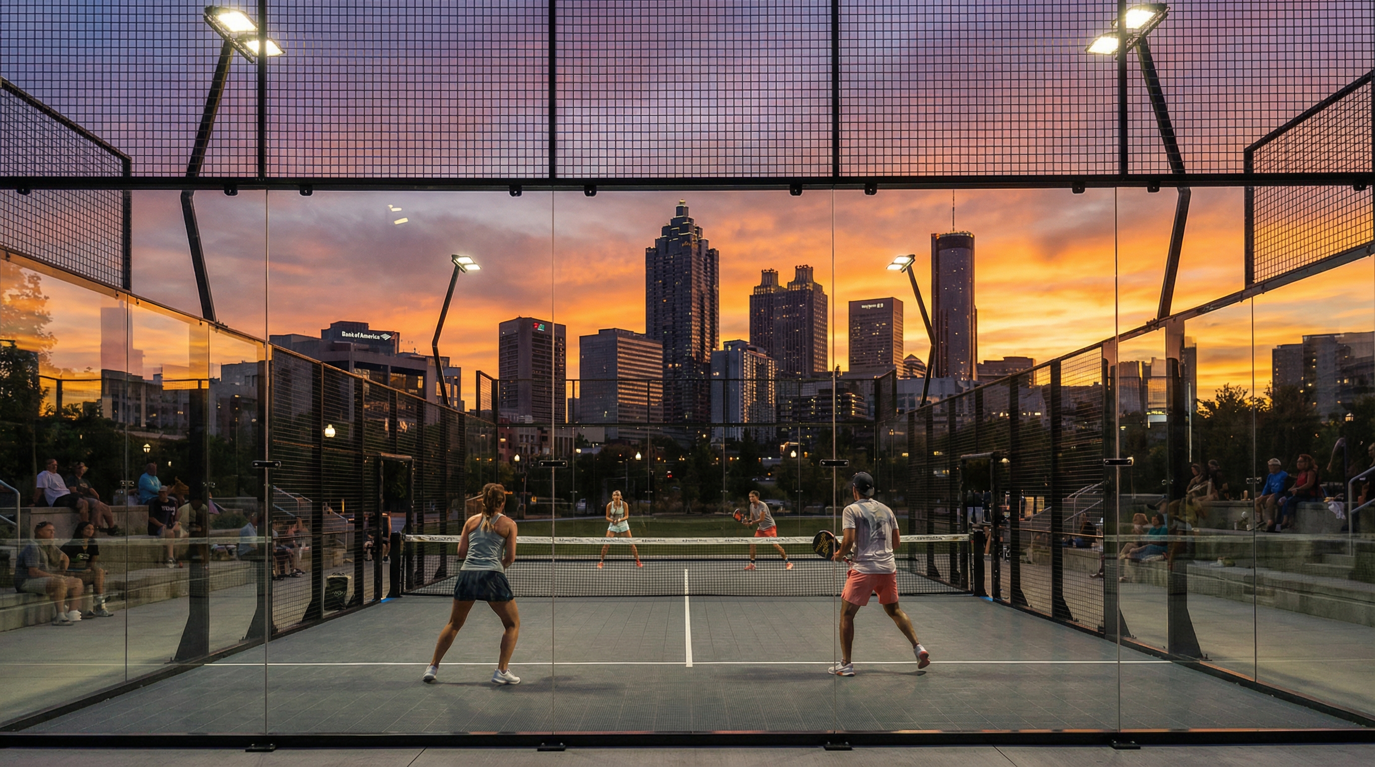 A photorealistic wide-angle shot of a vibrant sunset over an Atlanta skyline with a modern, glass-walled padel court in the foreground, filled with active players in stylish athletic gear.