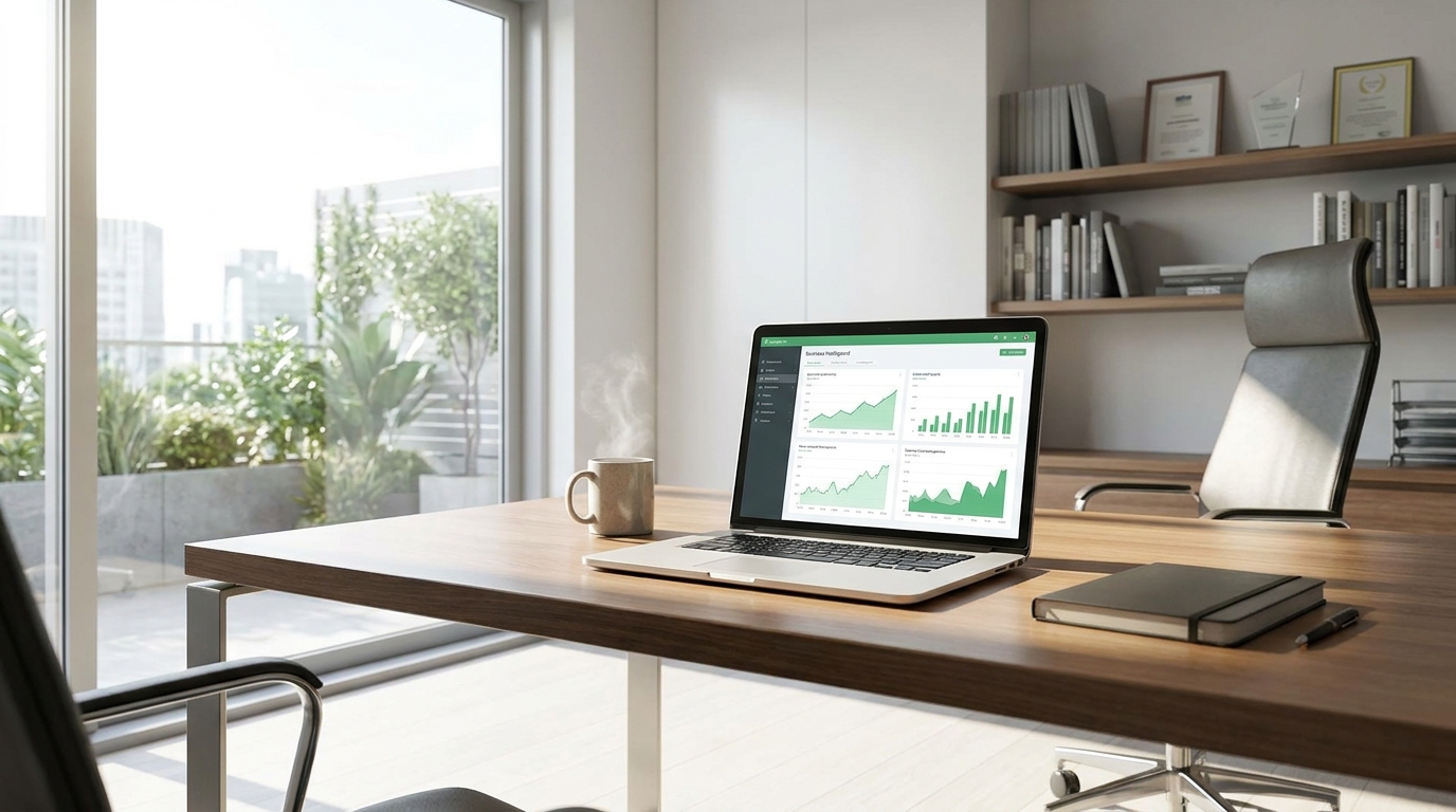 Modern E-commerce Entrepreneur Home Office with Sales Dashboard