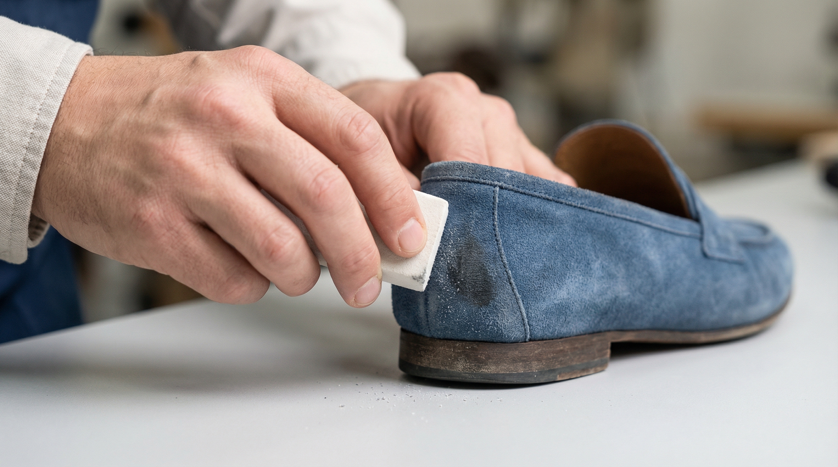 Suede loafer cleaning demonstration