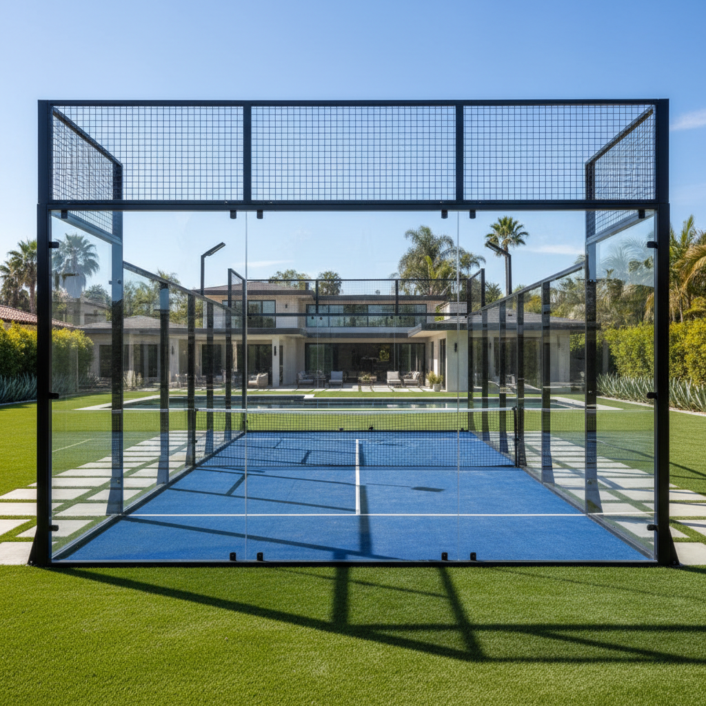 Wide-angle shot of a "Super Panoramic" padel court in a Texas desert resort. The court has no rear pillars, offering a completely transparent view of the red rock landscape behind it.