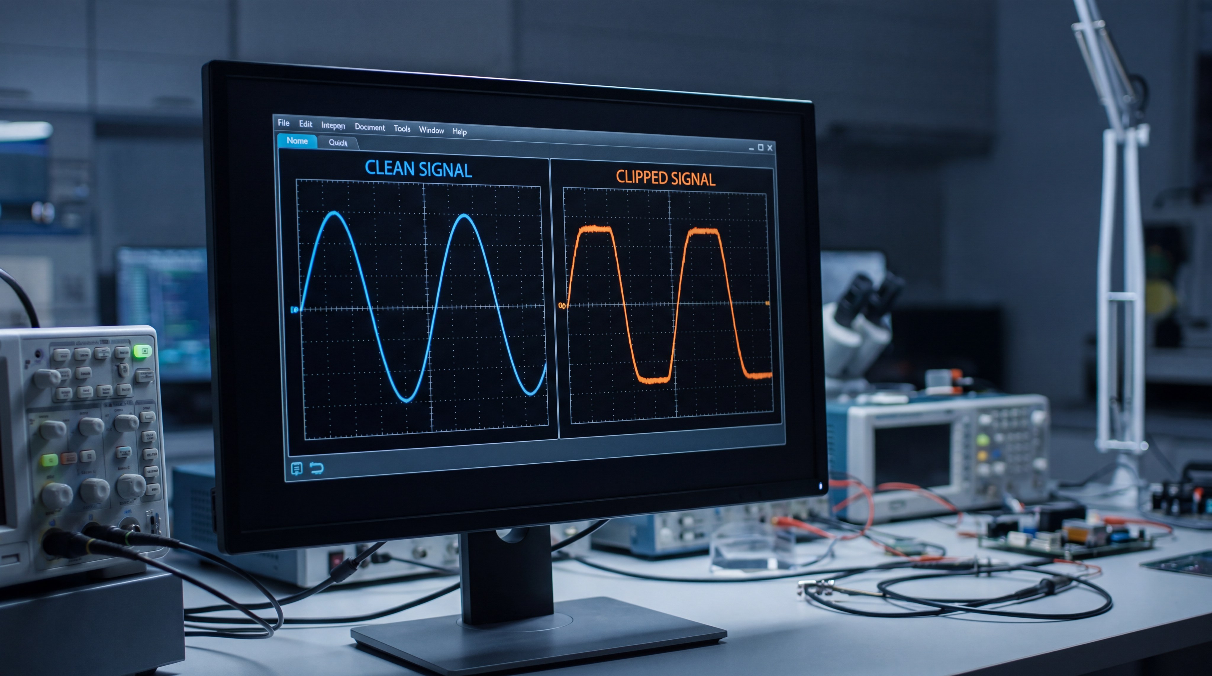 Signal wave comparison showing clean vs clipped output
