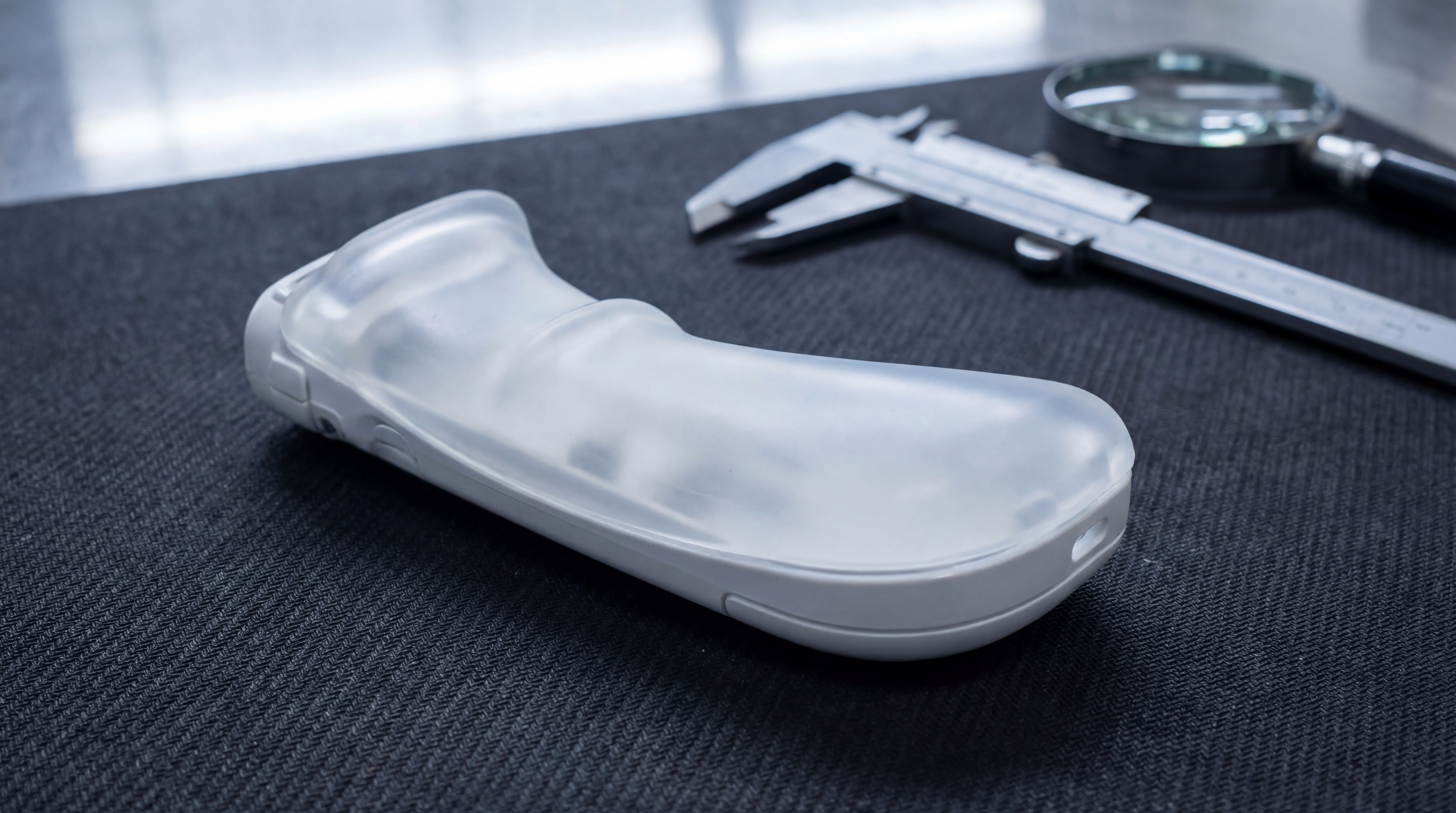 A closeup of a medical device component where clear silicone is overmolded onto a white plastic housing, highlighting the seamless transition.