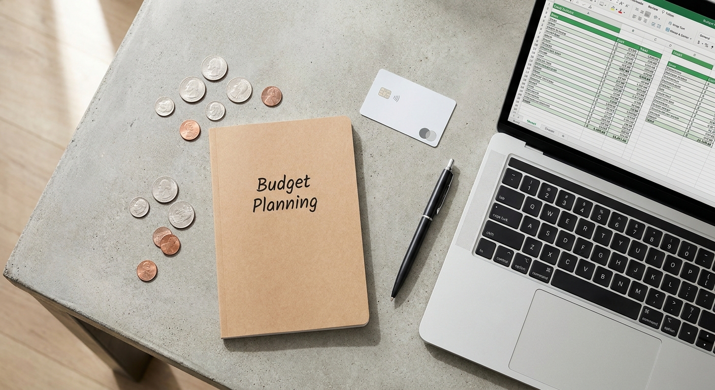 A crisp overhead shot of a minimalist workspace with a notebook labeled Budget Planning surrounded by coins and a laptop showing spreadsheets