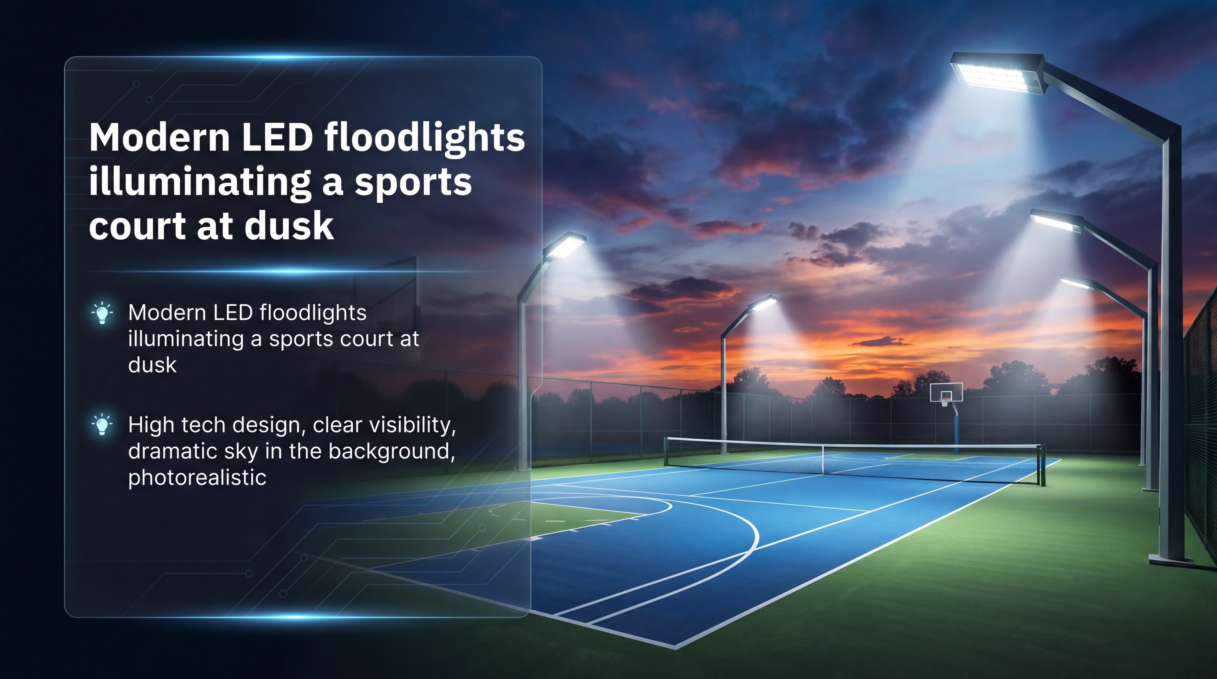 Modern LED floodlights illuminating a sports court at dusk with a dramatic sky in the background