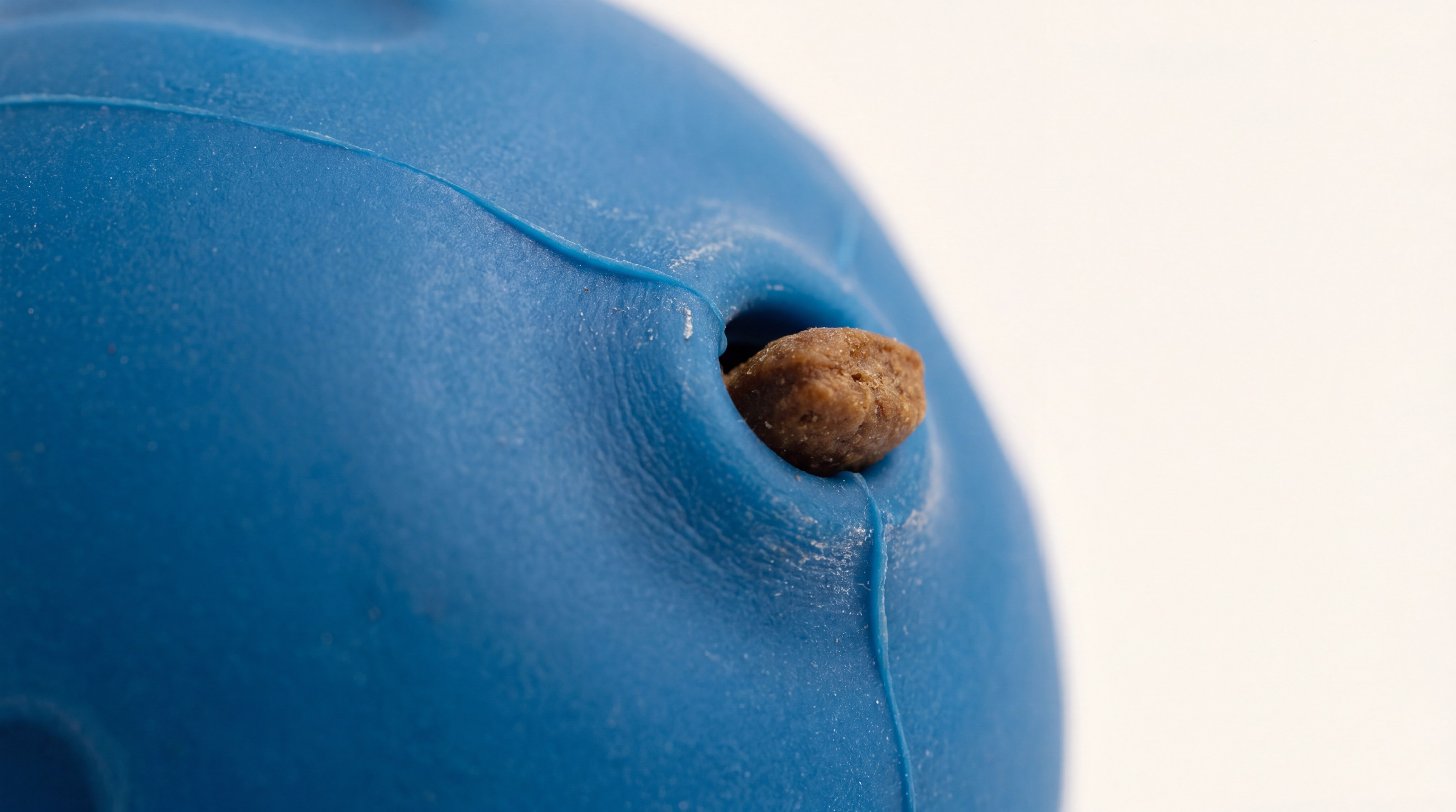 Macro shot of kibble emerging from a flexible silicone opening in a blue treat ball