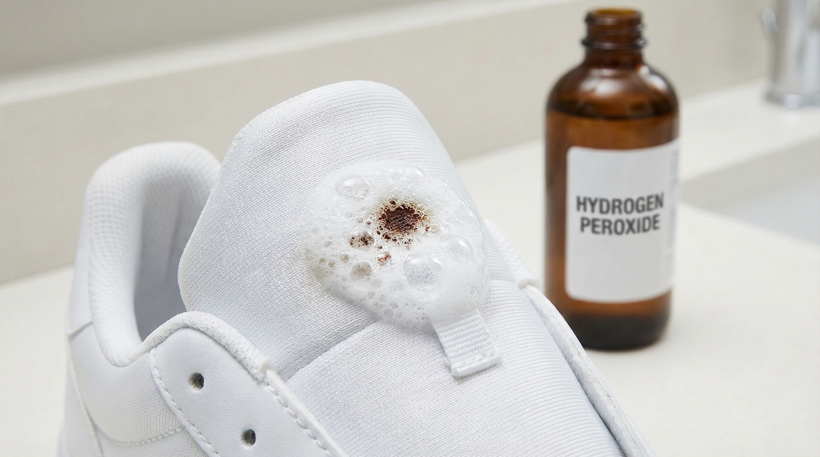 A close-up of a white sneaker tongue where hydrogen peroxide is being applied to a dried blood stain, showing the characteristic white bubbling and foaming action.