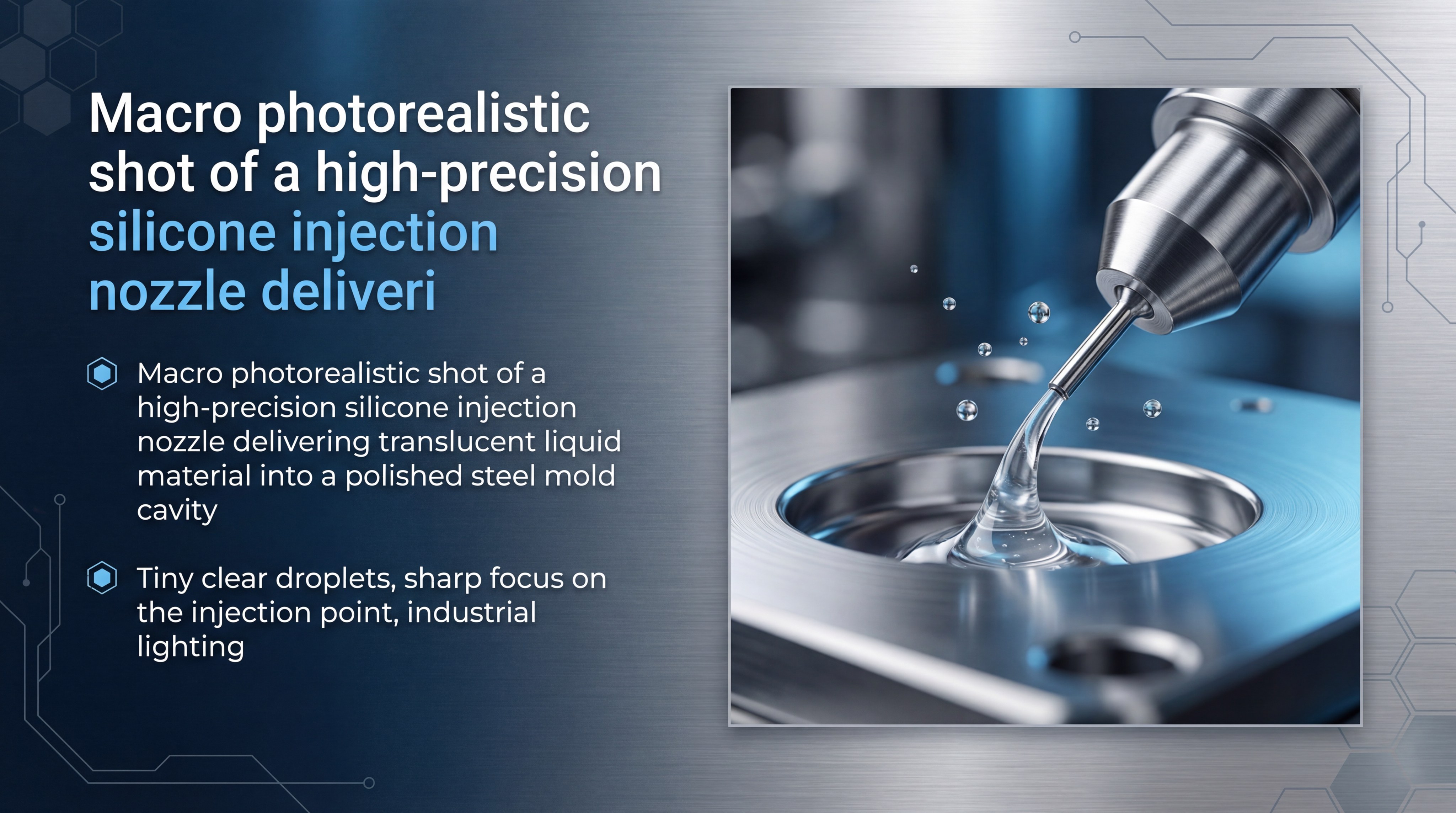 Close-up photorealistic shot of a high-precision silicone injection nozzle delivering translucent liquid material into a polished steel mold cavity.