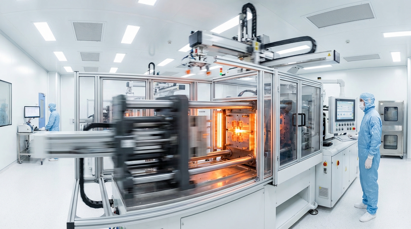 Photorealistic 16:9 image of a high-tech liquid silicone rubber (LSR) injection molding machine in operation, glowing orange heat elements, cleanroom environment, motion blur of mechanical parts.