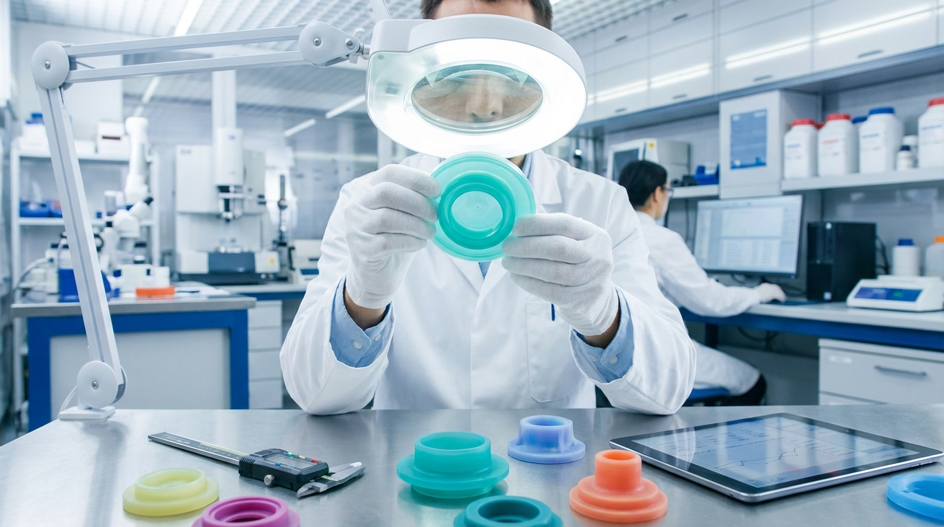 Rigorous quality control inspection of silicone parts by a technician in a specialized laboratory