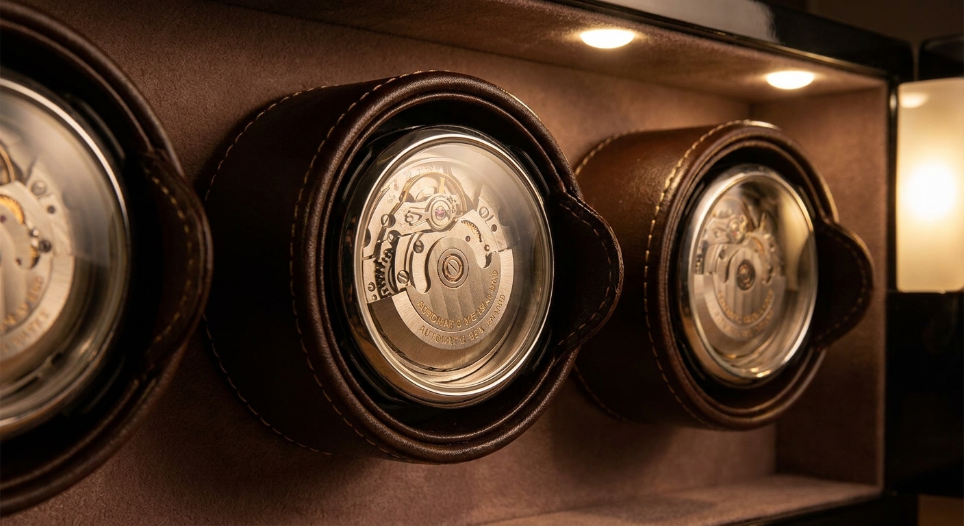 Luxury watch movements rotating in winder with internal LED lighting