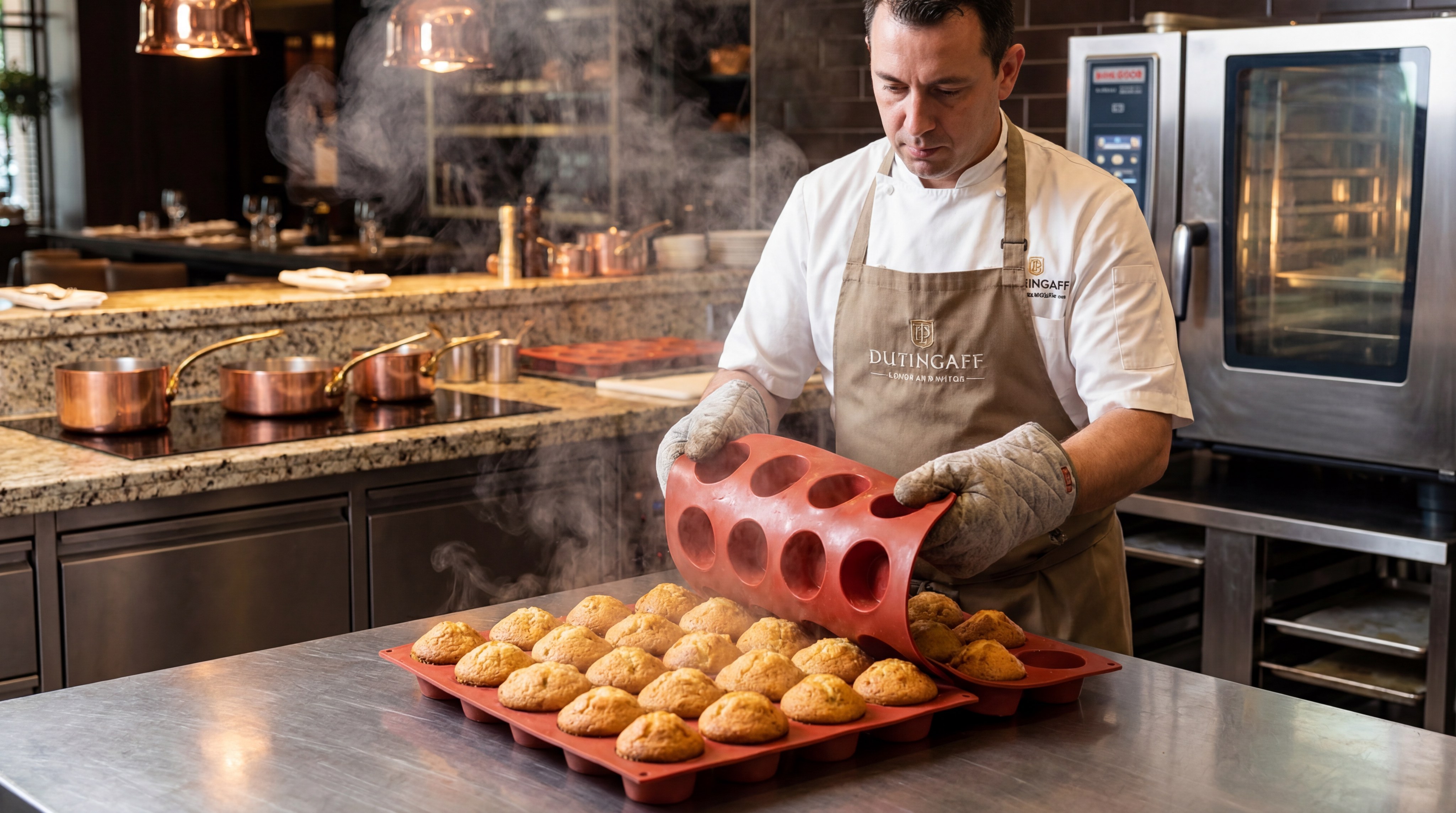 A chef removing golden-brown muffins from a flexible silicone mold