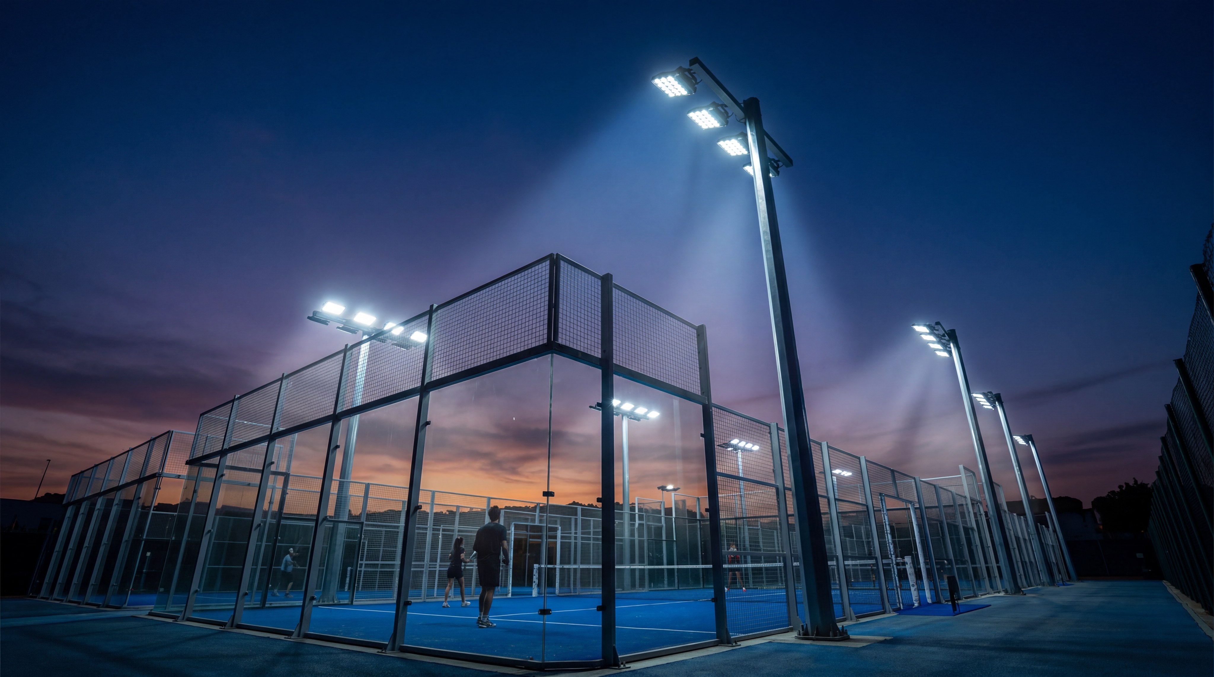 Modern LED floodlight system illuminating a padel court at dusk
