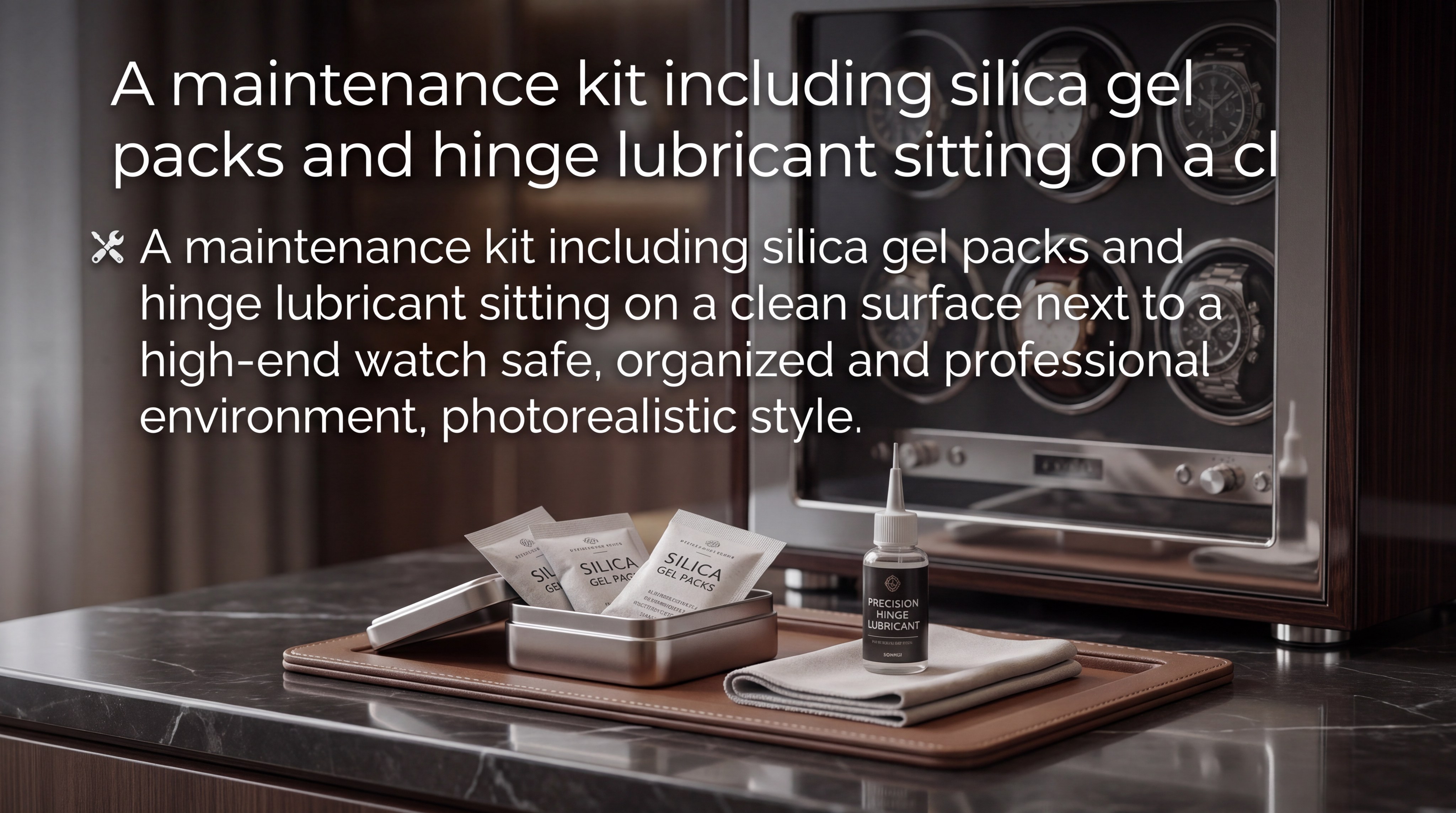 A person placing a high-quality silica gel desiccant pack inside a watch safe next to a luxury watch box, organized and clean environment