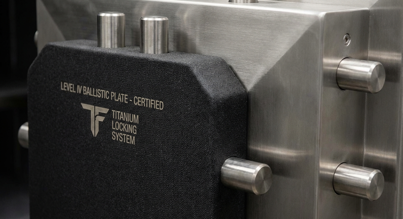 A closeup of luxury safe armor plate with titanium locking bolts