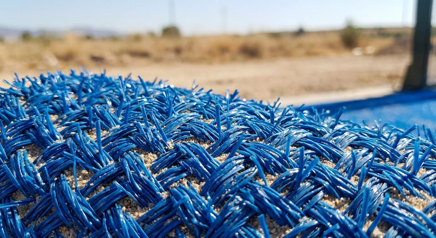A macro close-up of high-density blue monofilament turf with sand infill, highlighting UV resistance and texture.