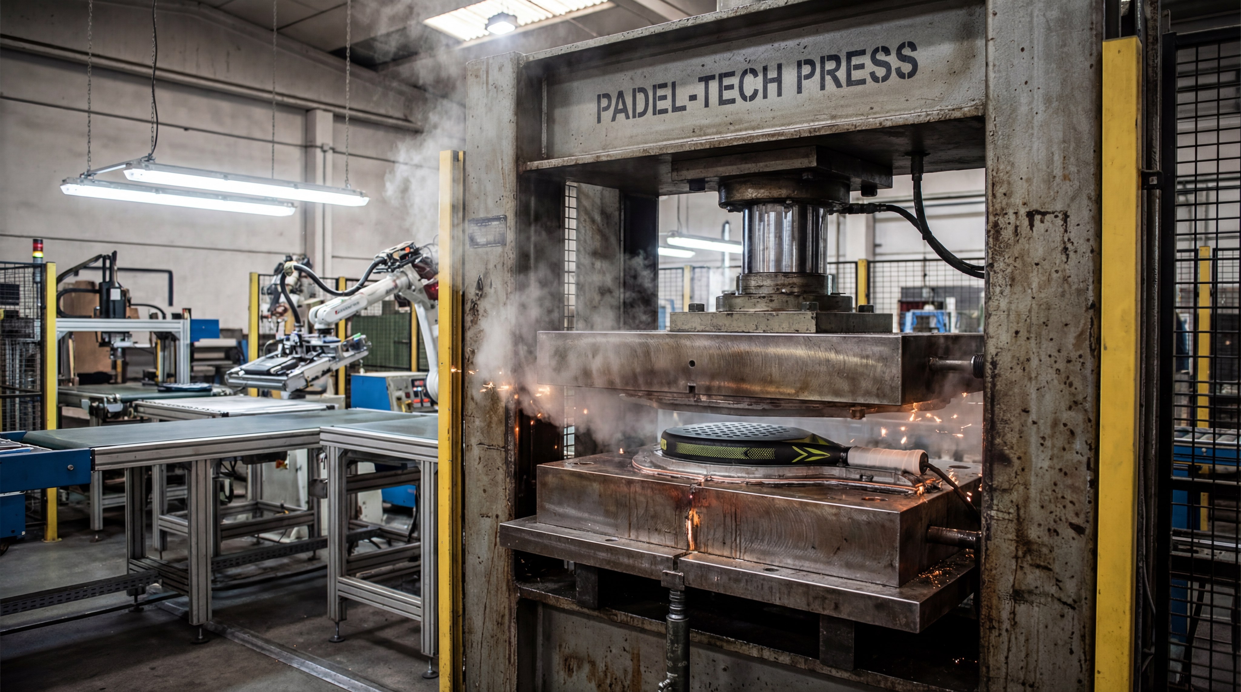 A photorealistic image of a factory setting where a technician is carefully placing a padel bat into a heavy-duty industrial metal mold.