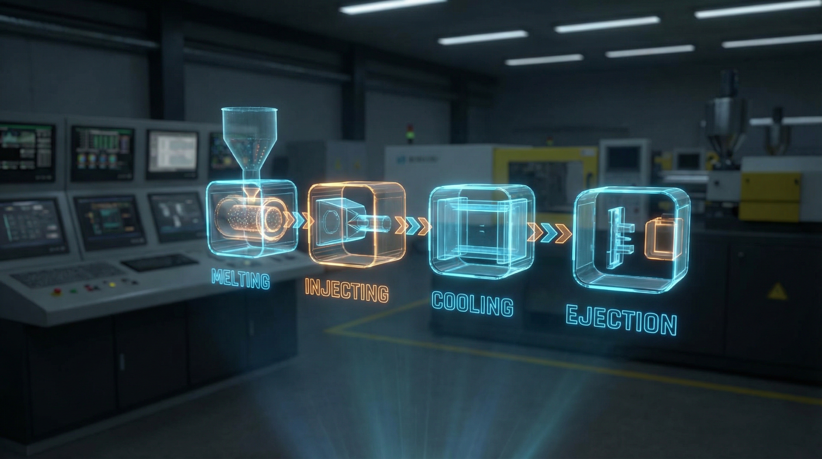 A detailed chart showing the cycle of injection molding from melting to cooling, photorealistic diagram style