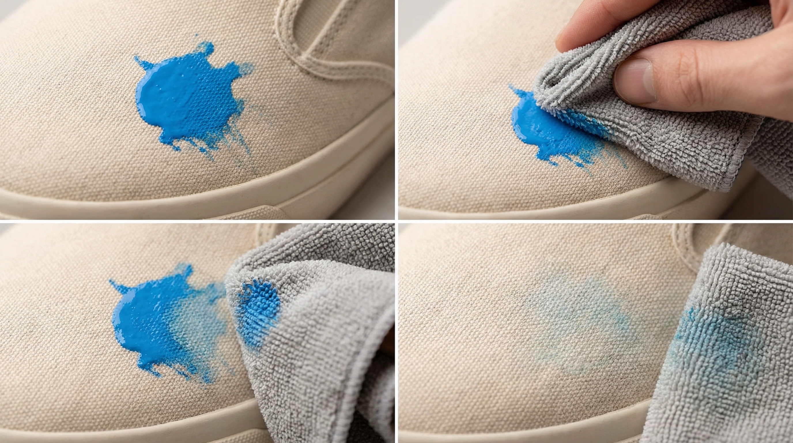 Premium Product Macro canvas sneaker with a fresh blue acrylic paint splatter microfiber cloth gently blotting the wet paint