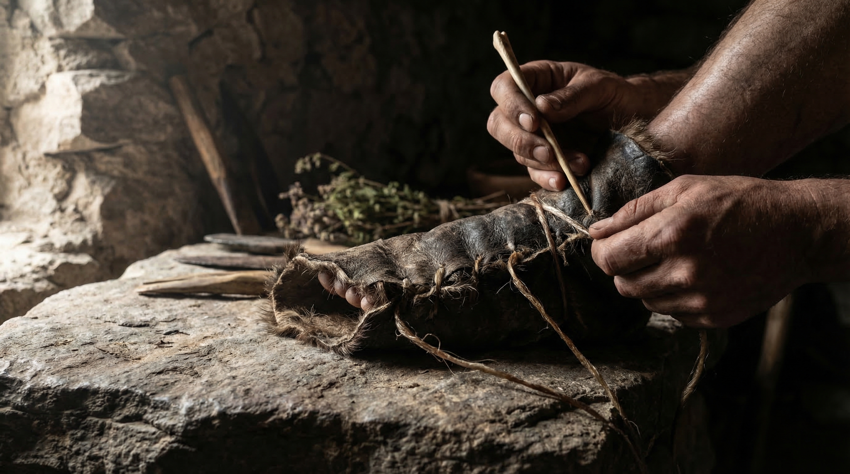 A prehistoric artisan hand-stitching a primitive leather foot-wrap
