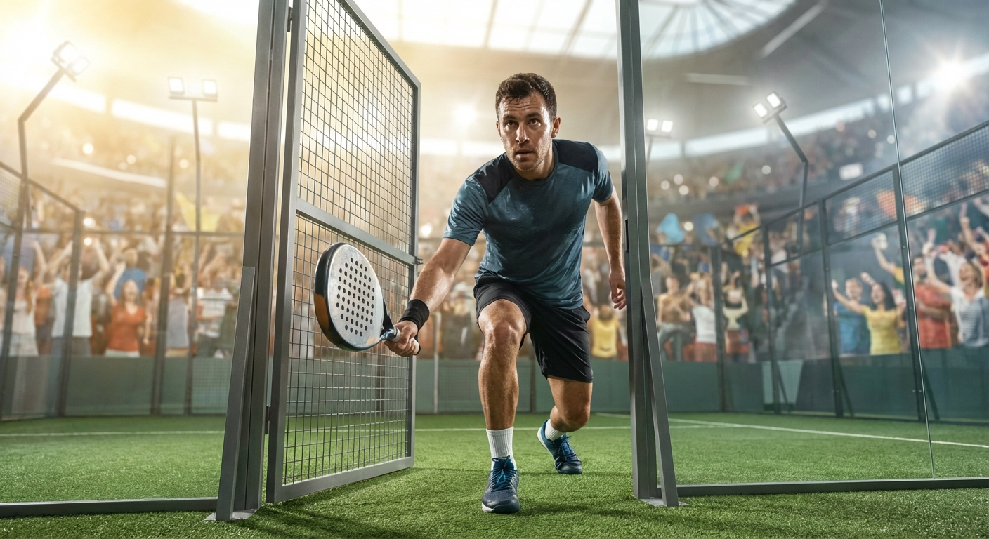 Low-angle shot from the "out-of-court" zone showing a professional player sprinting through the door to save a ball, stadium crowd in the background.