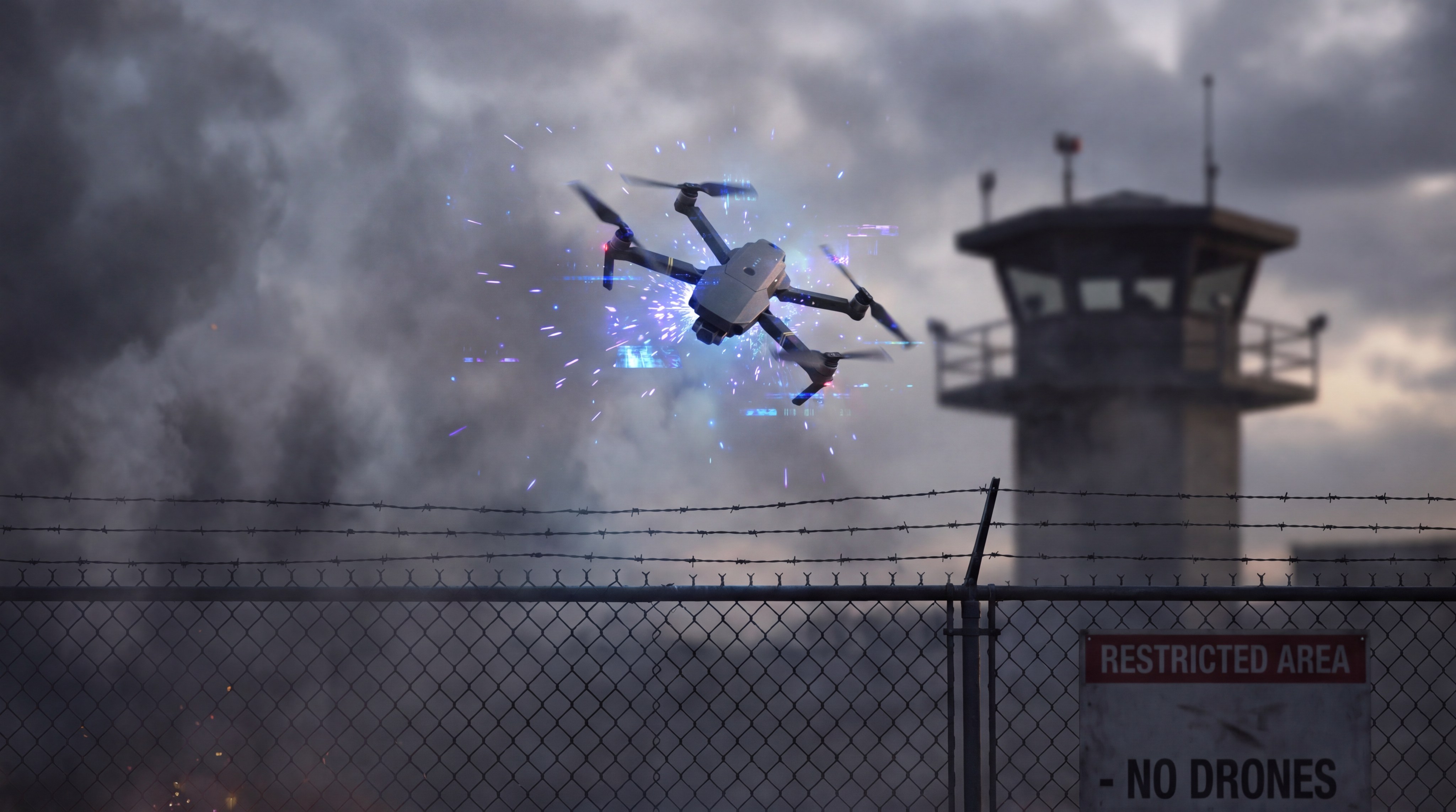 A drone being neutralized by an electronic countermeasure, showing visible signal disruption and electrical sparking in a restricted area.