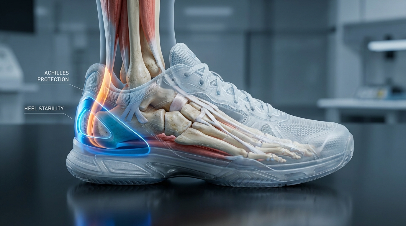 3D anatomical render of a human foot inside a semi-transparent padel shoe showing stress zones.