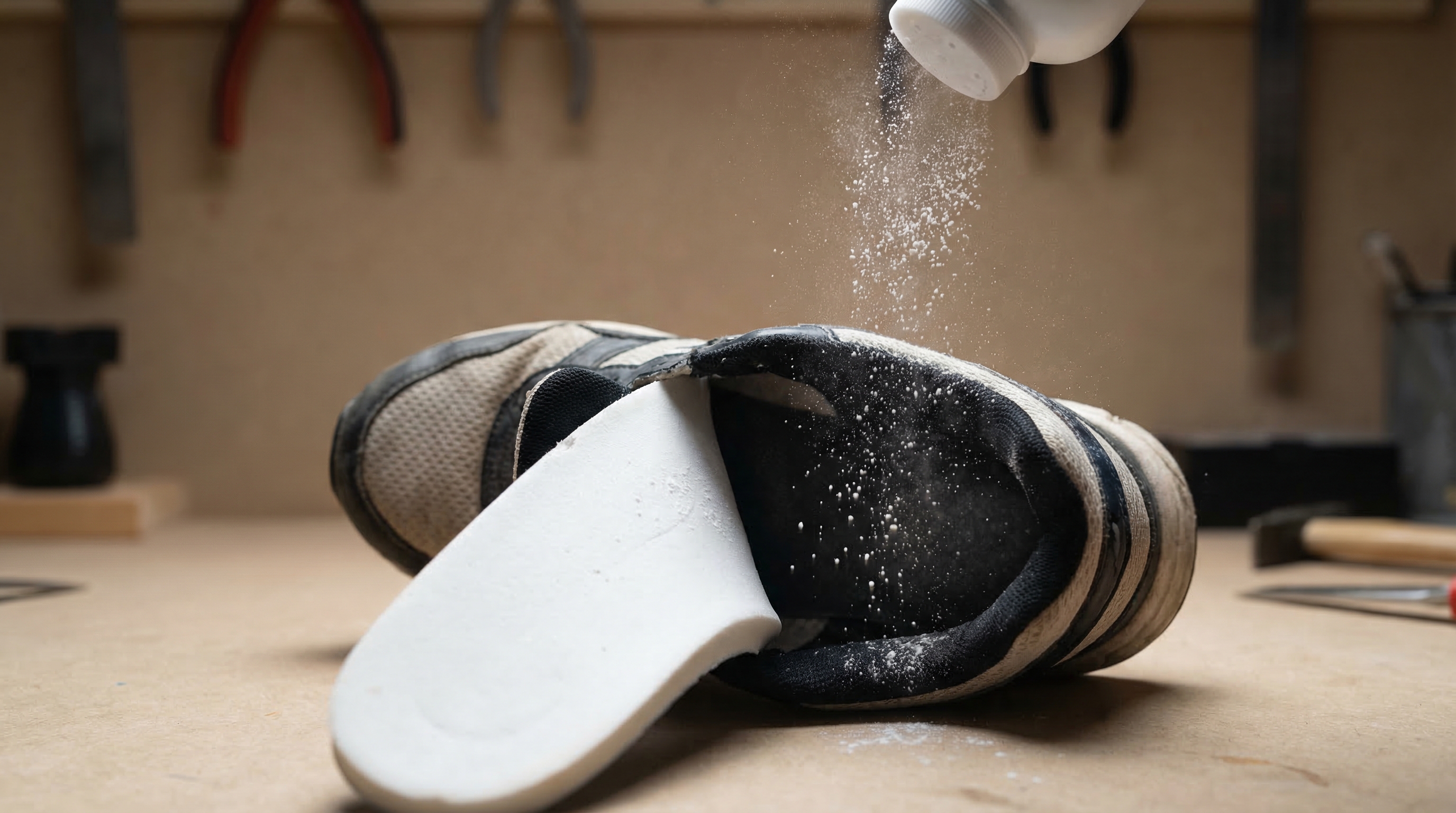 Applying white baby powder underneath a removable sneaker insole to stop internal squeaking.