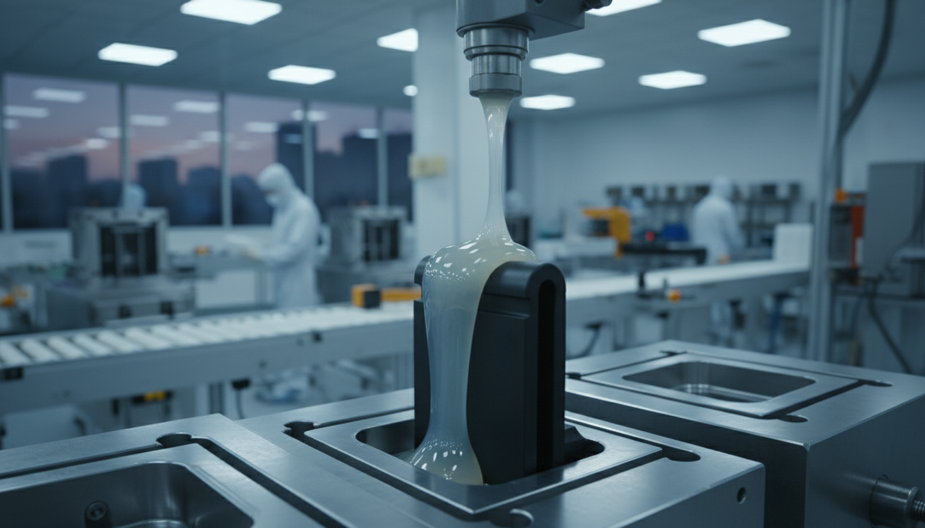 A precision machine dispensing silicone material onto a metal substrate in a clean manufacturing environment.