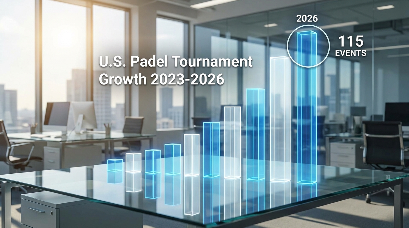 U.S. Padel Tournament Growth 2023-2026 3D data chart showing 115 events in 2026