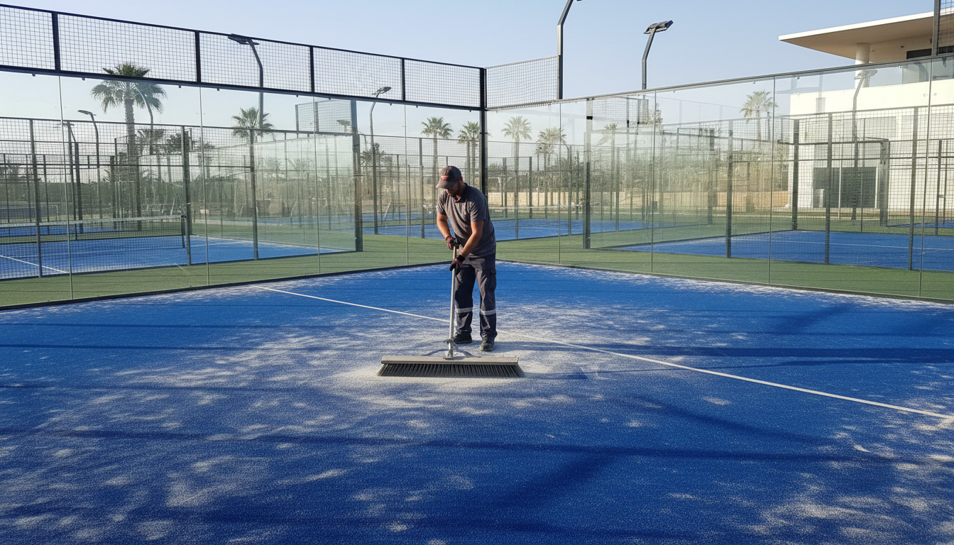 A maintenance worker distributing fine silica sand across blue artificial grass