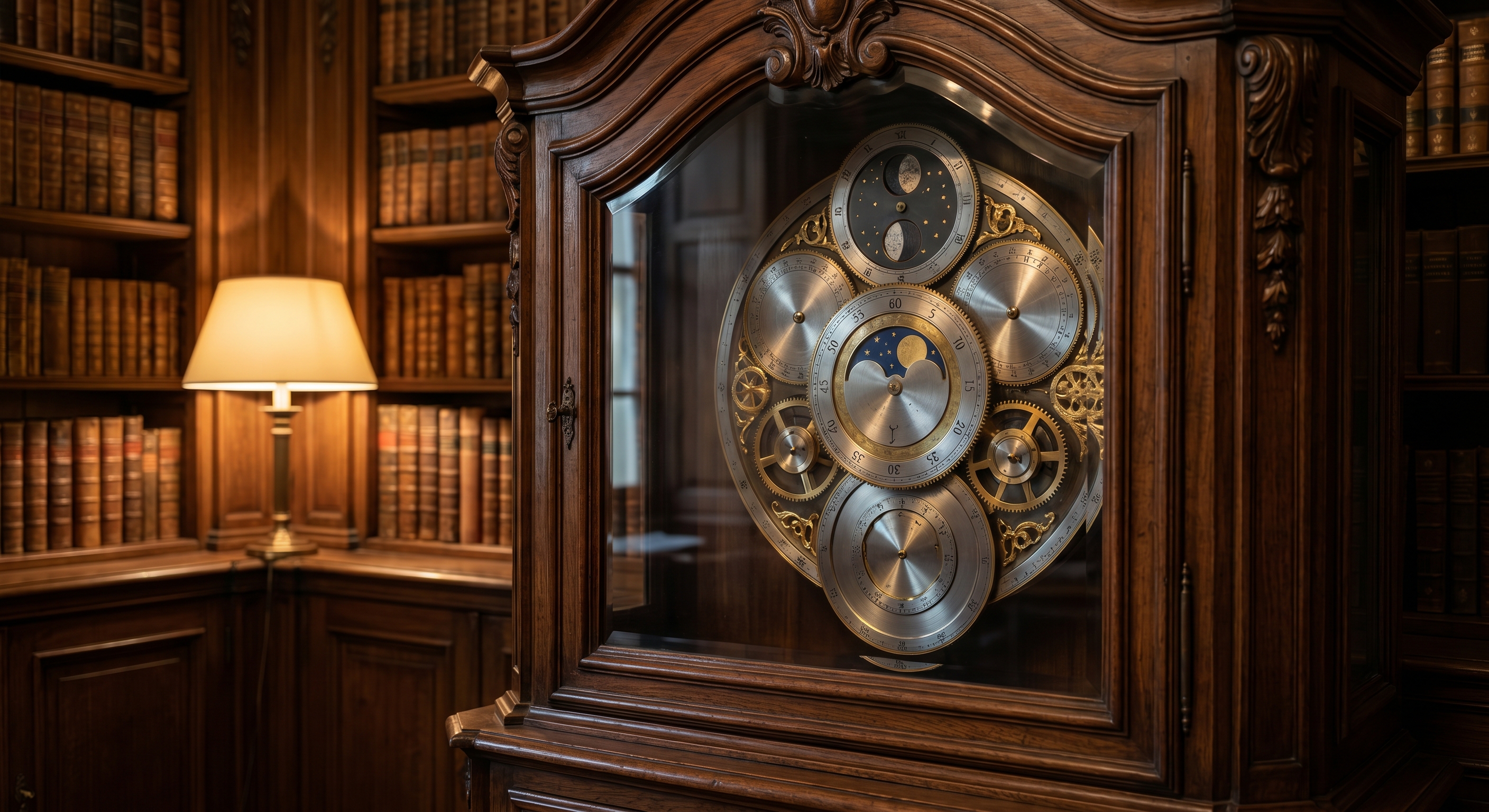 An ornate 18th-century horology cabinet with complex gears and rotating discs in a library