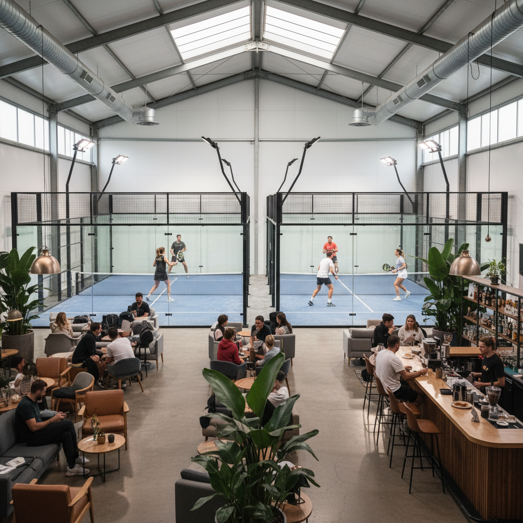 A social scene in a luxury padel club showing players and spectators relaxing in a social lounge area overlooking vibrant blue indoor courts.