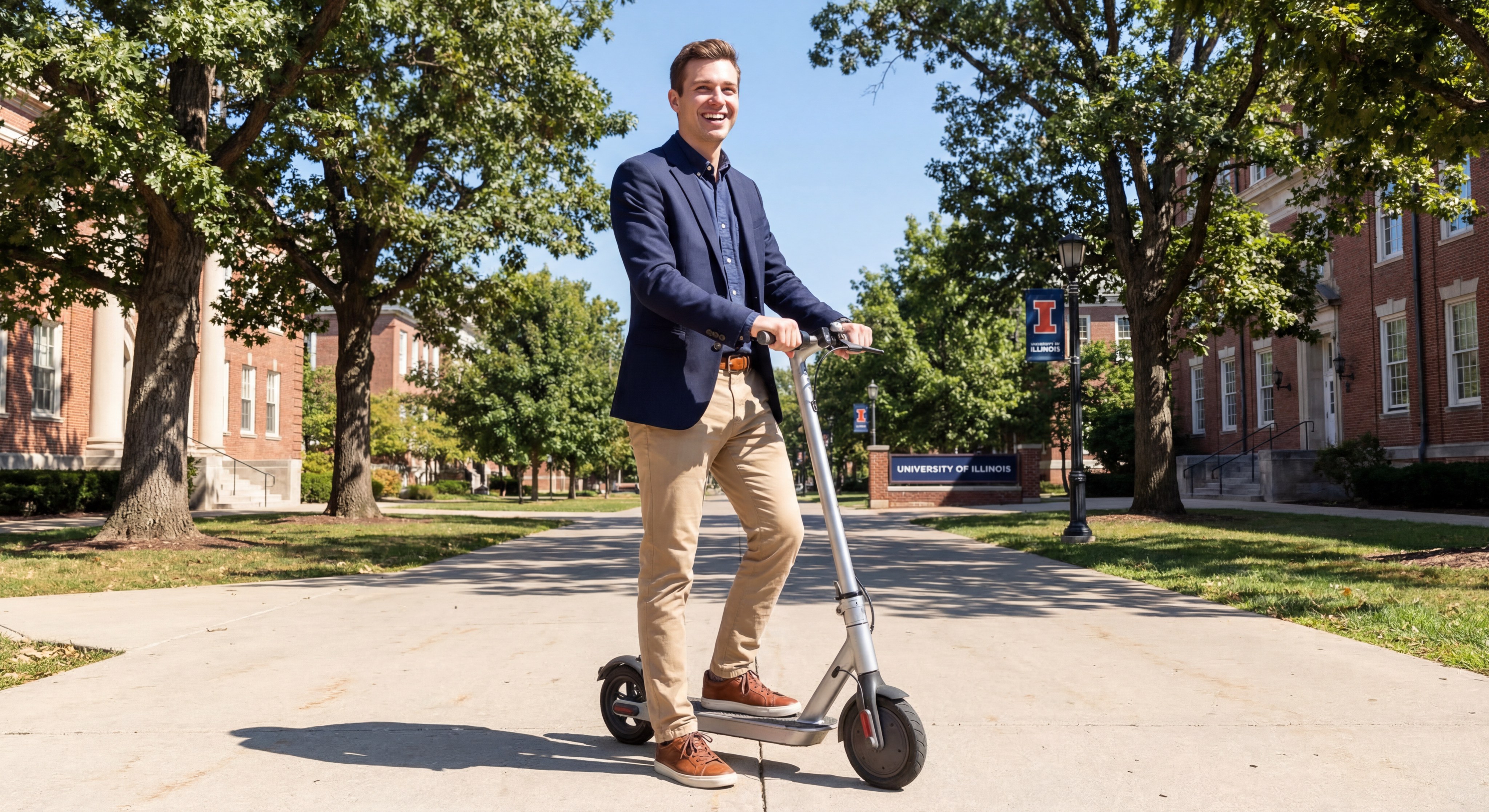 Young professional riding an electric scooter on an Illinois campus
