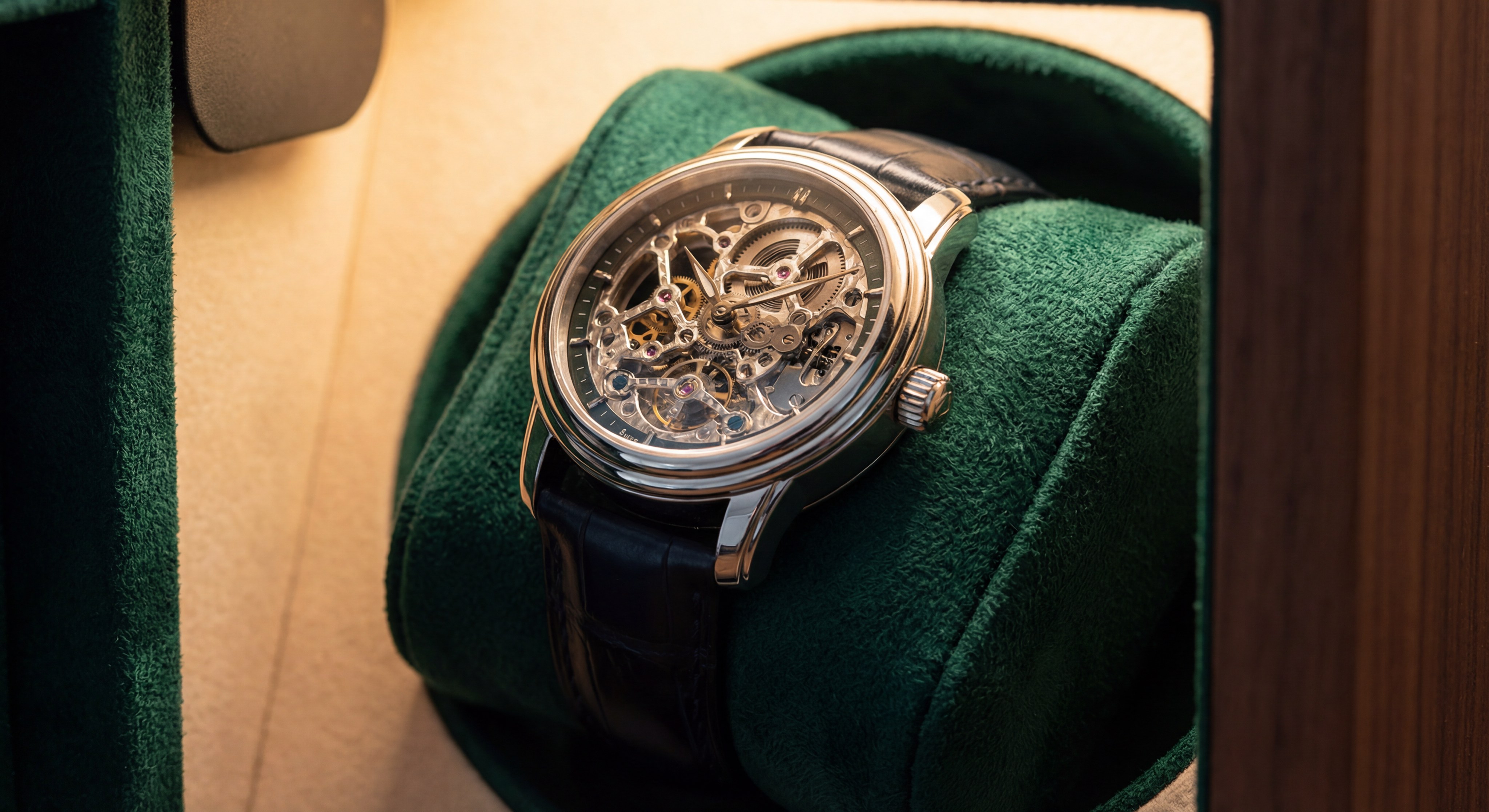 A watch winder featuring a soft velvet interior and secure lock