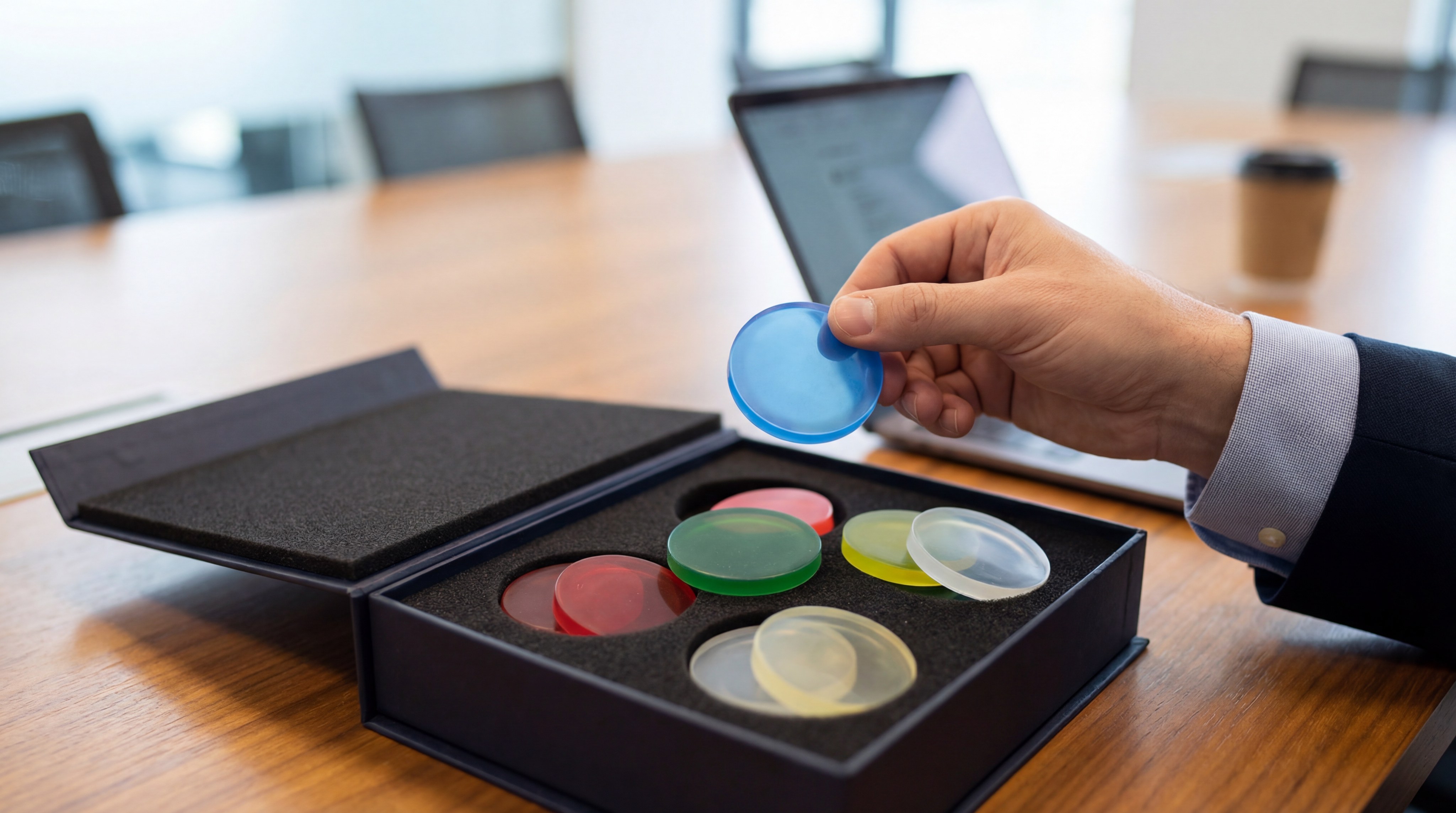 Engineering team reviewing various silicone material sample discs in a meeting room.