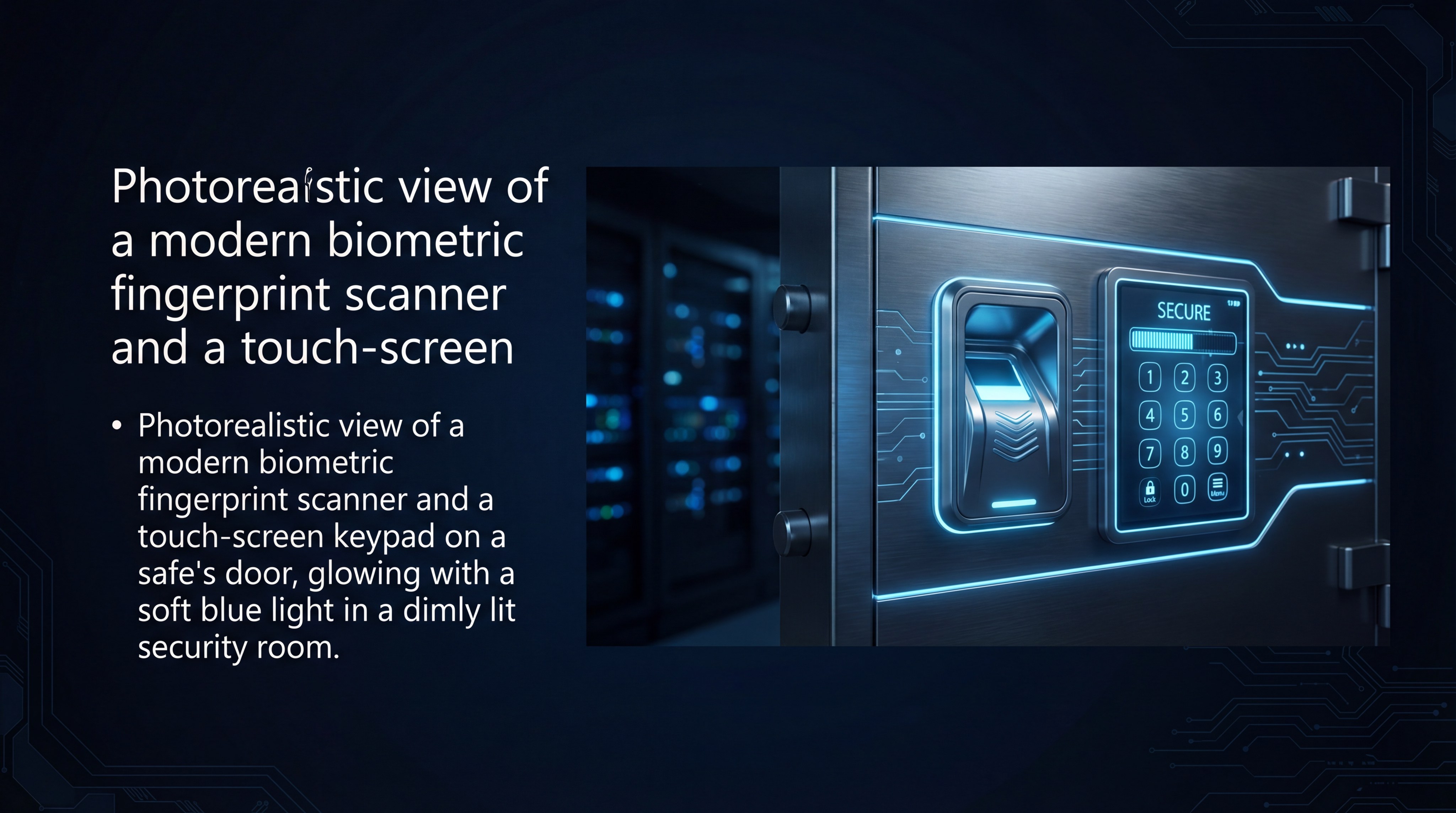 Photorealistic view of a modern biometric fingerprint scanner and a touch-screen keypad on a safe door glowing with soft blue light