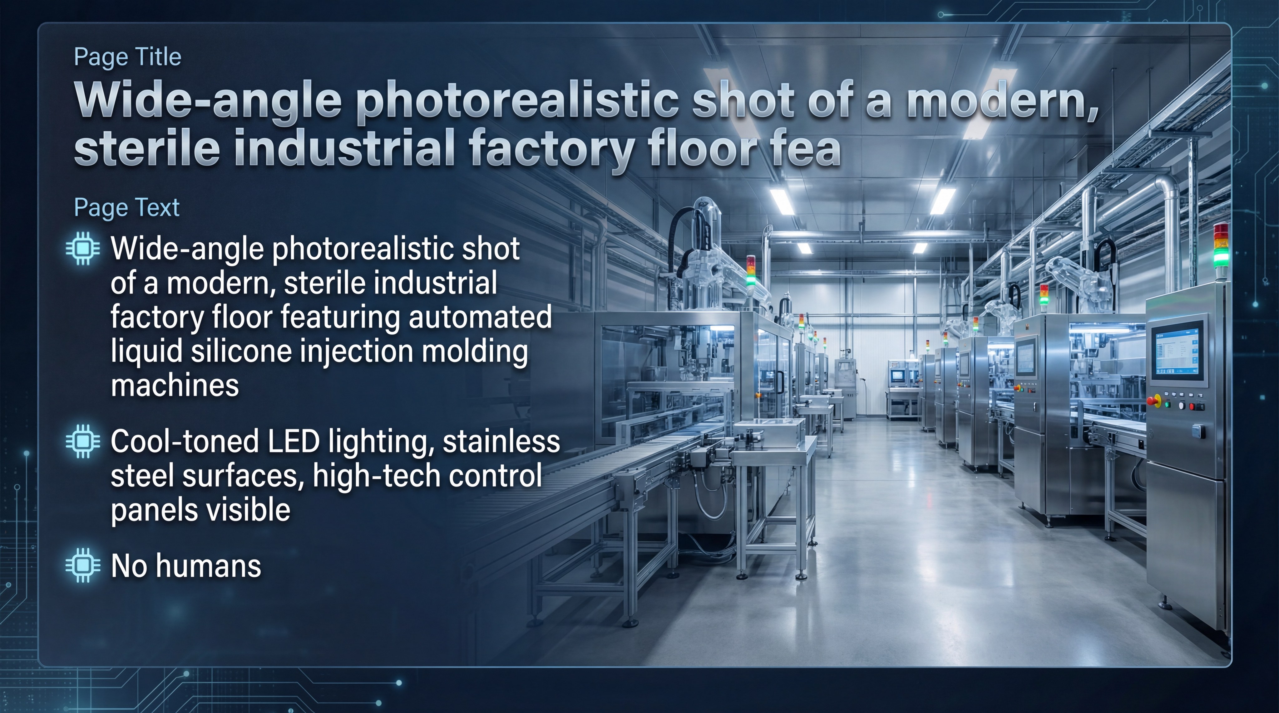 A wide-angle photorealistic shot of a modern industrial factory floor featuring automated liquid silicone injection molding machines.