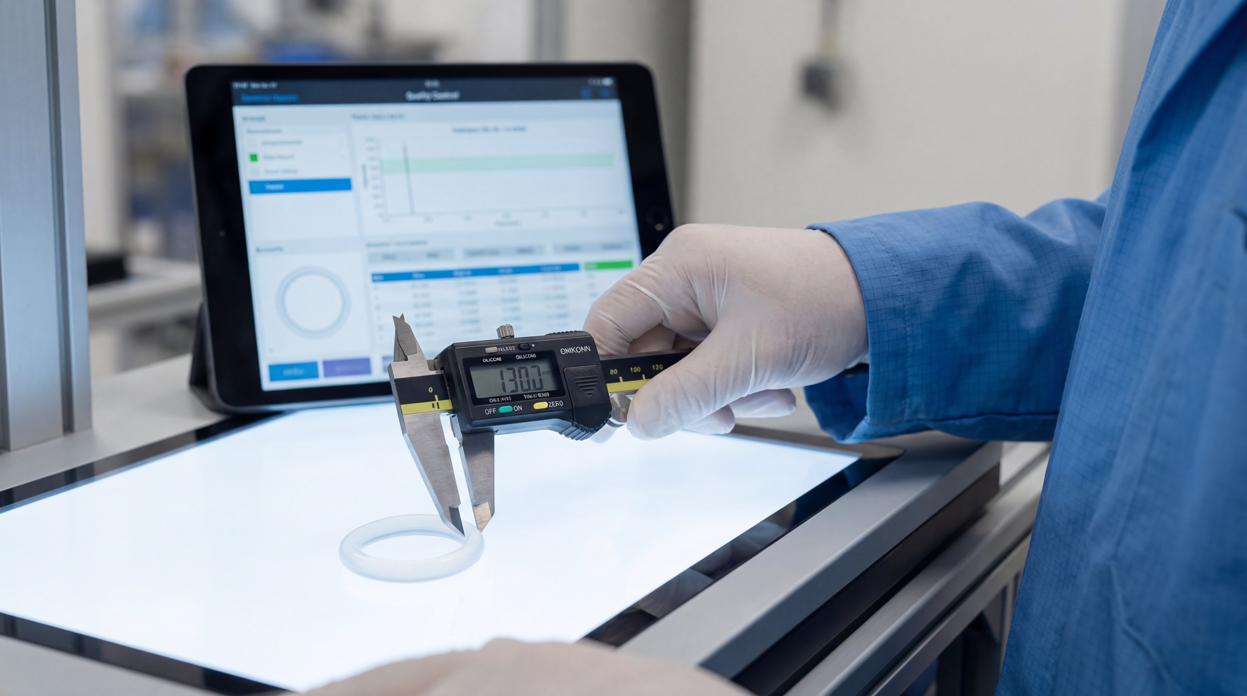 Precision quality inspection of an LSR O-ring with calipers