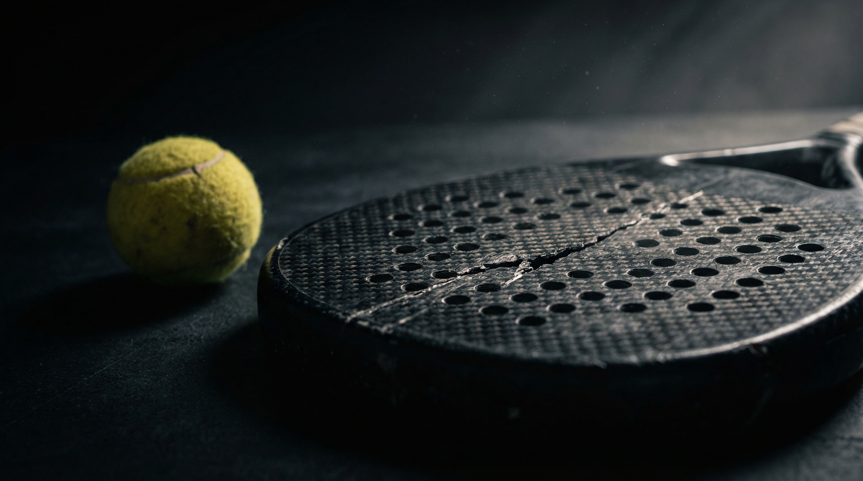 close up of a cracked carbon fiber padel racket