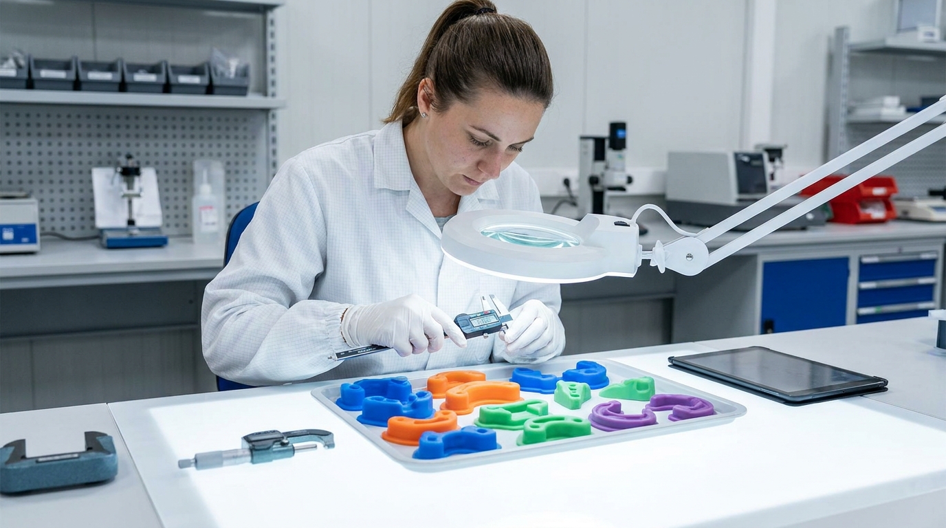 Quality control specialist inspecting silicone products with precision tools