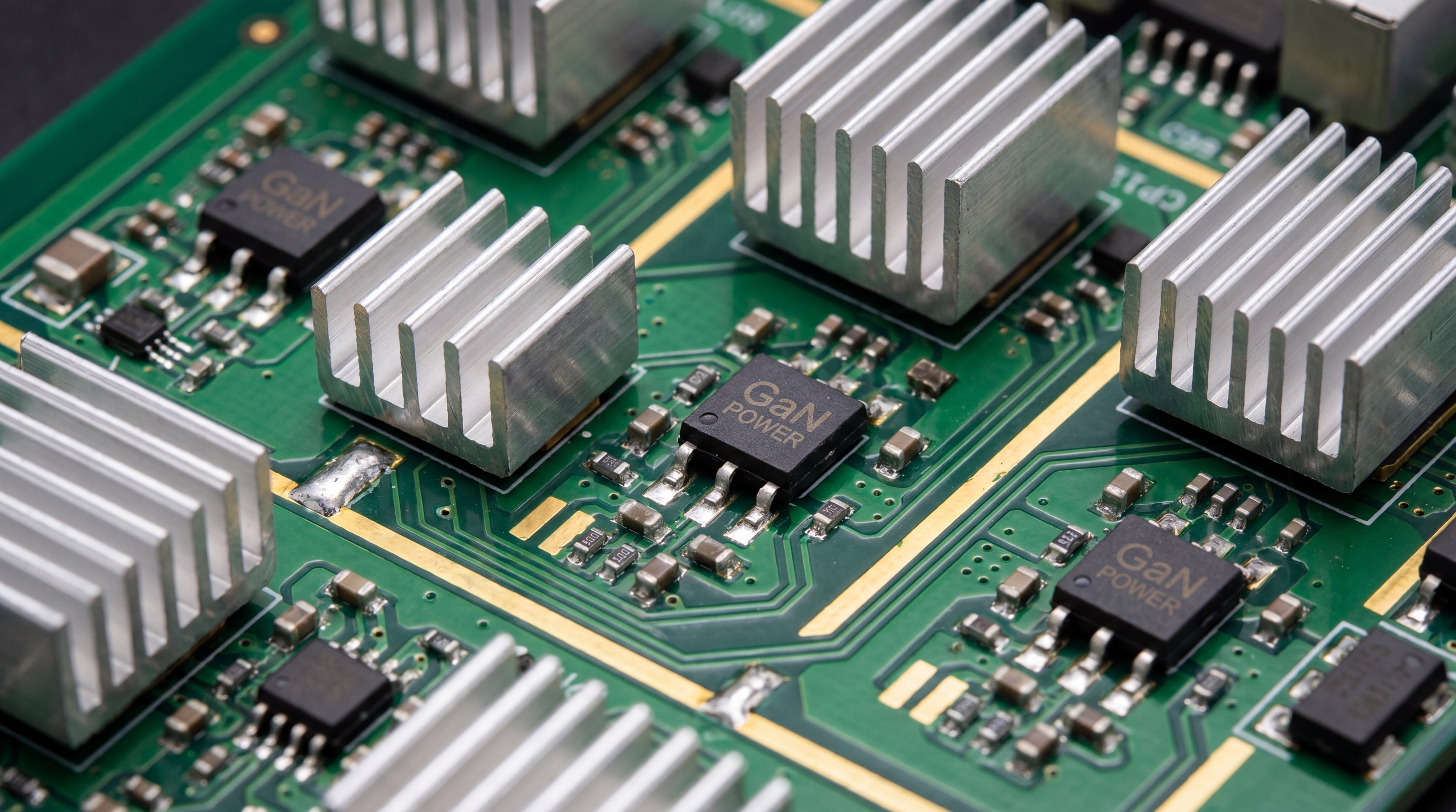 GaN circuit board macro photography with heat sinks