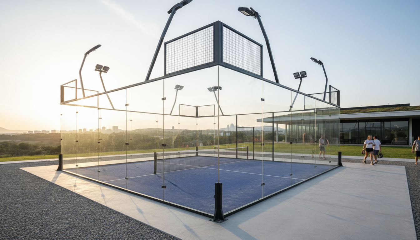 Luxury panoramic padel court at sunset with full glass walls and minimal framing