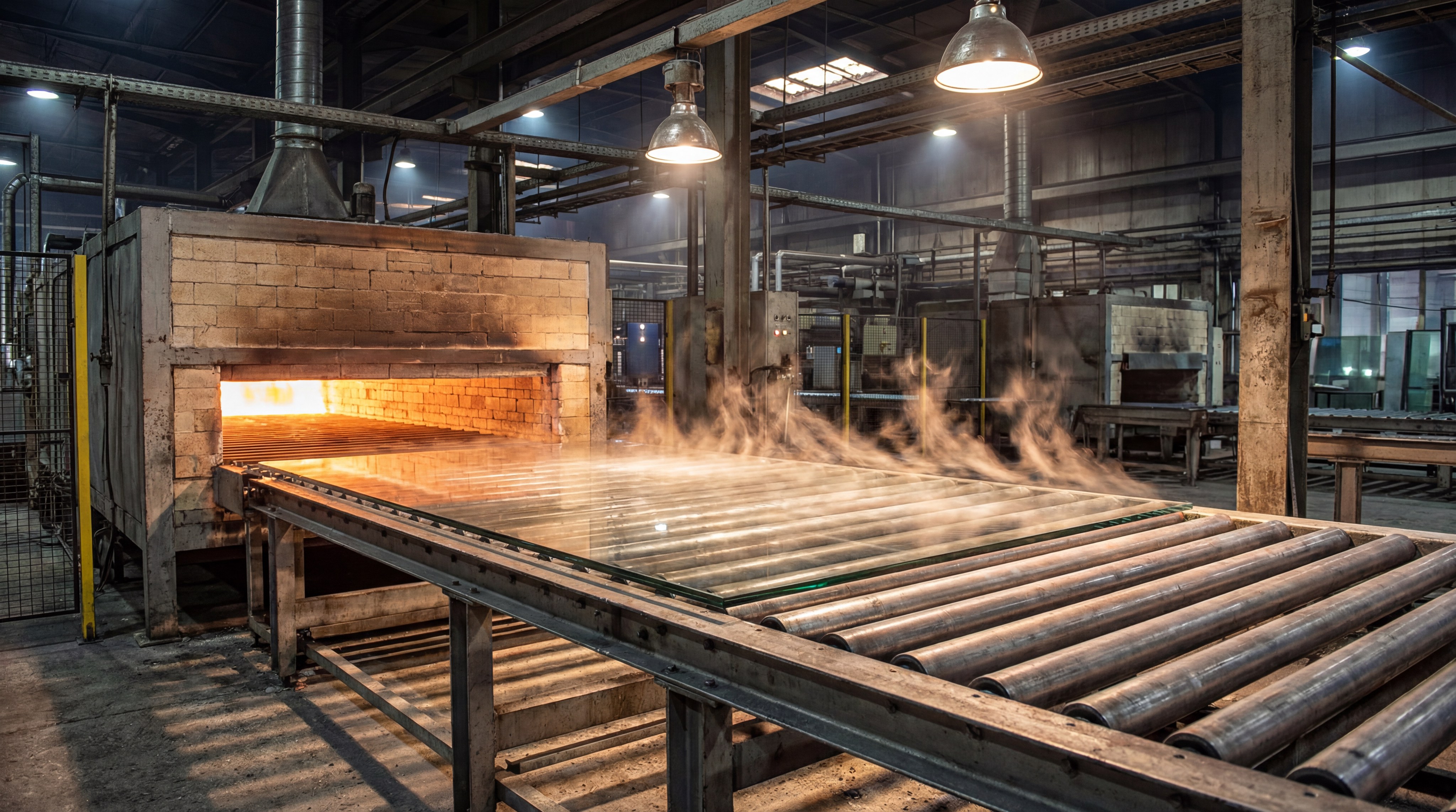 A large glass panel emerging from a tempering furnace on a roller conveyor system, heat waves slightly visible, in a sharp, realistic industrial setting.