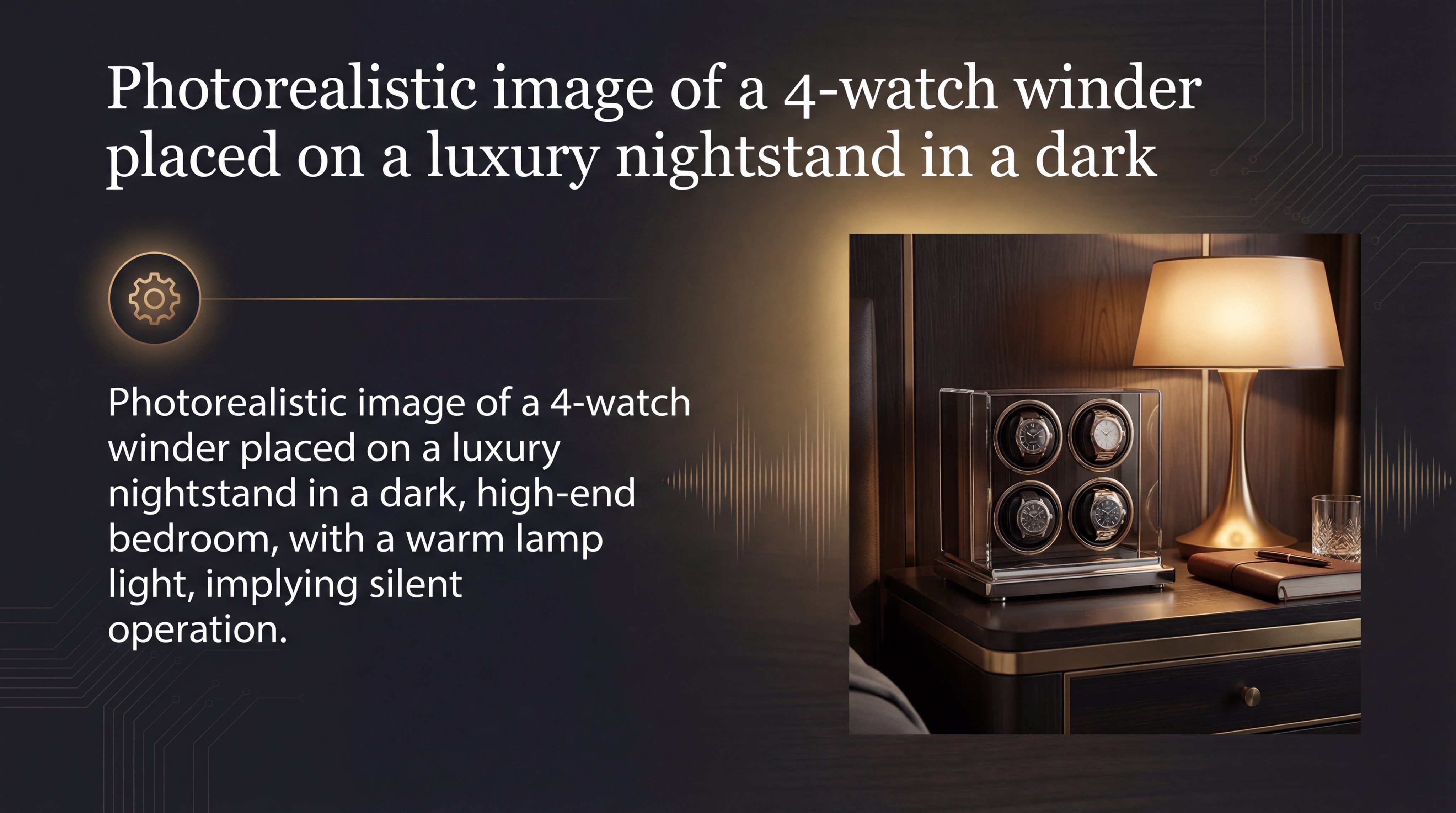 Photorealistic image of a 4-watch winder placed on a luxury nightstand in a dark, high-end bedroom, with a warm lamp light, implying silent operation