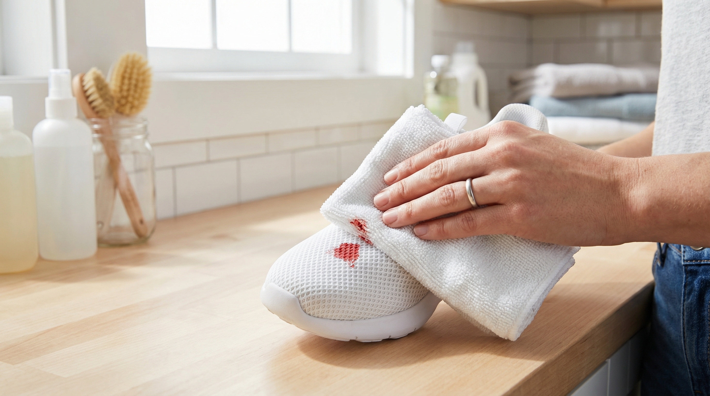 A person blotting a fresh blood stain on a white mesh sneaker with a clean white microfiber cloth in a laundry room setting.
