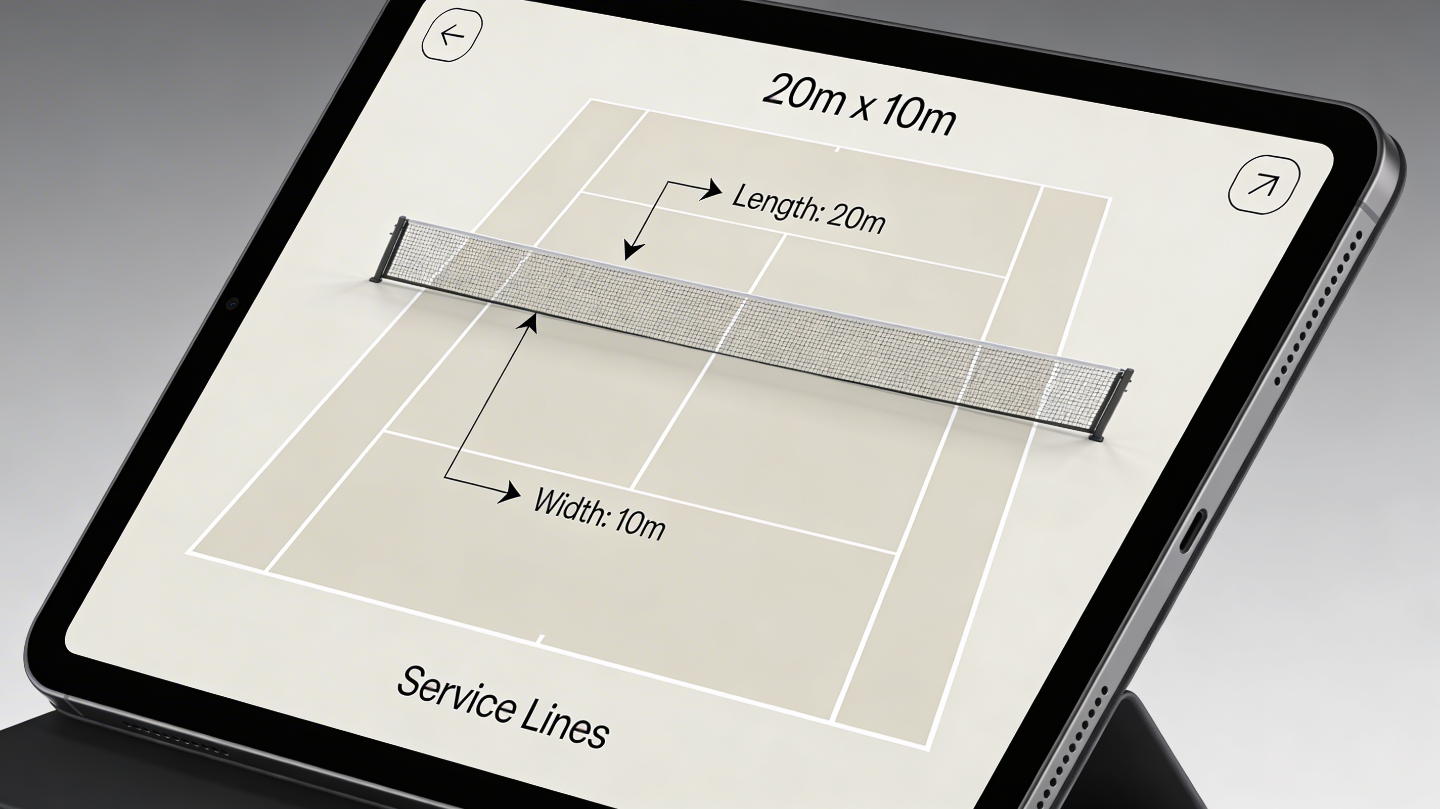 A clean, professional infographic chart showing the exact dimensions of a padel court