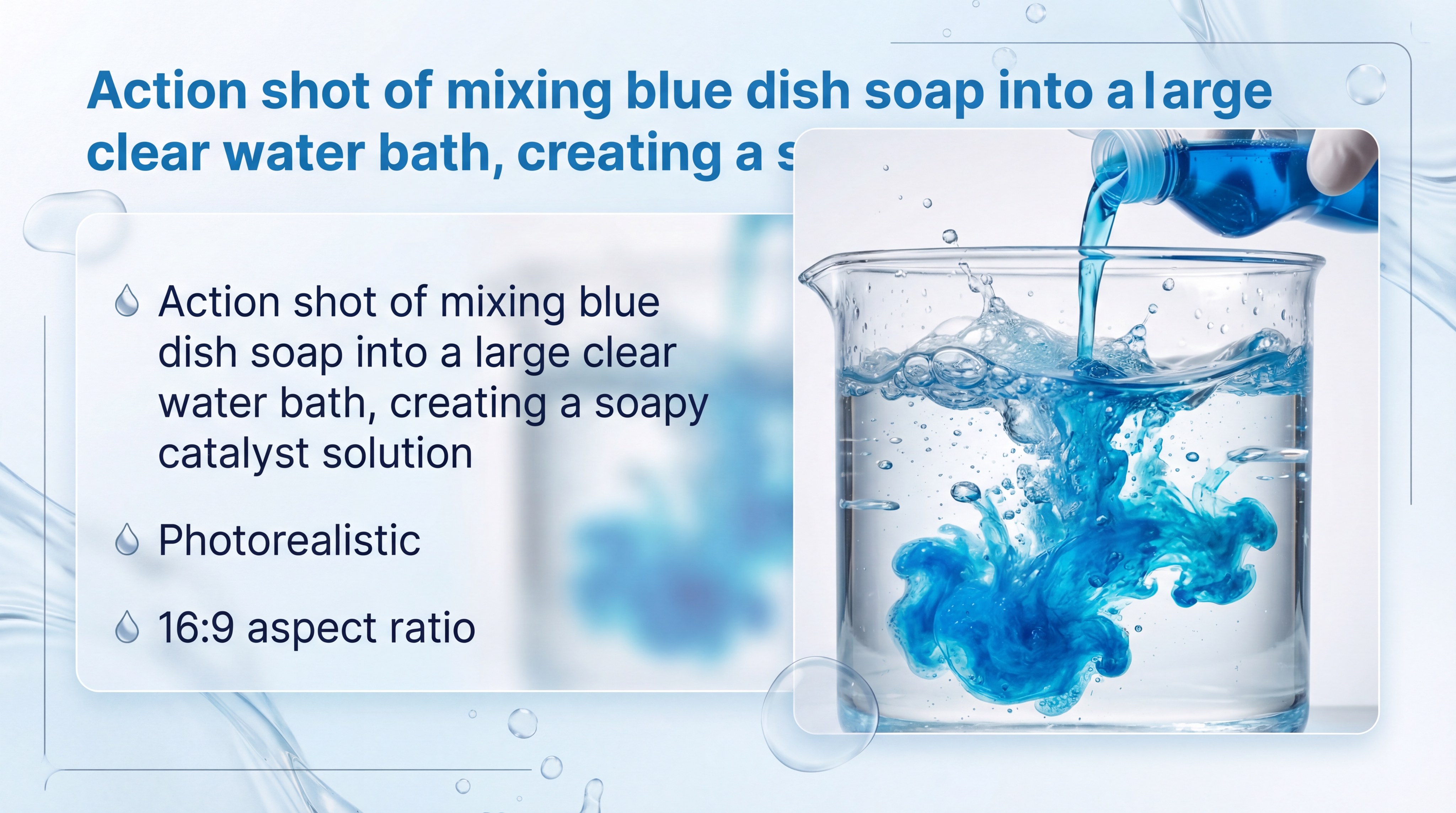 Action shot of mixing blue dish soap into a large clear water bath