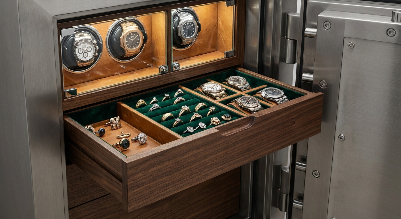 Open luxury safe drawer displaying organized rings, cufflinks, and watch collections