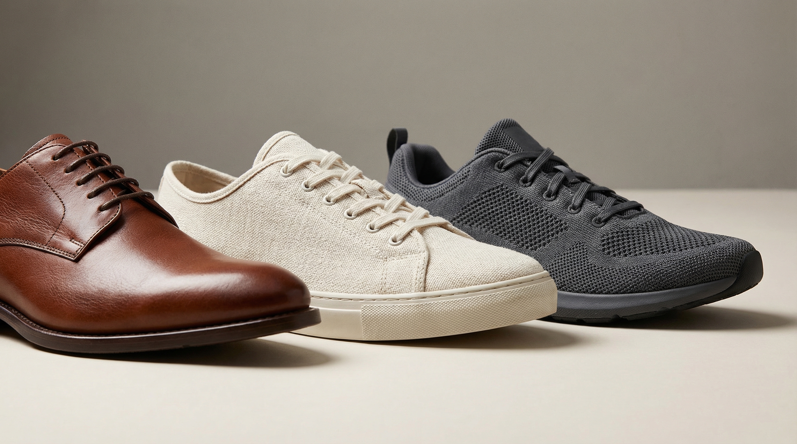 Three different shoe materials: polished leather, woven canvas, and technical mesh sneakers