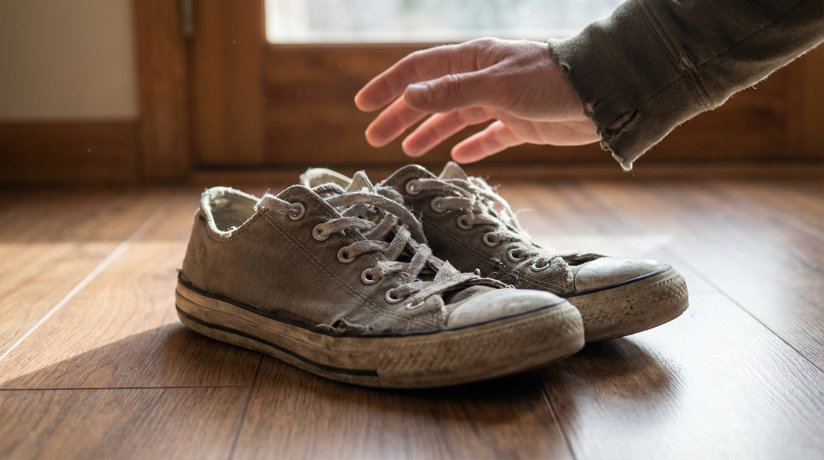 Worn sneakers in an entryway emitting a visible haze of odor